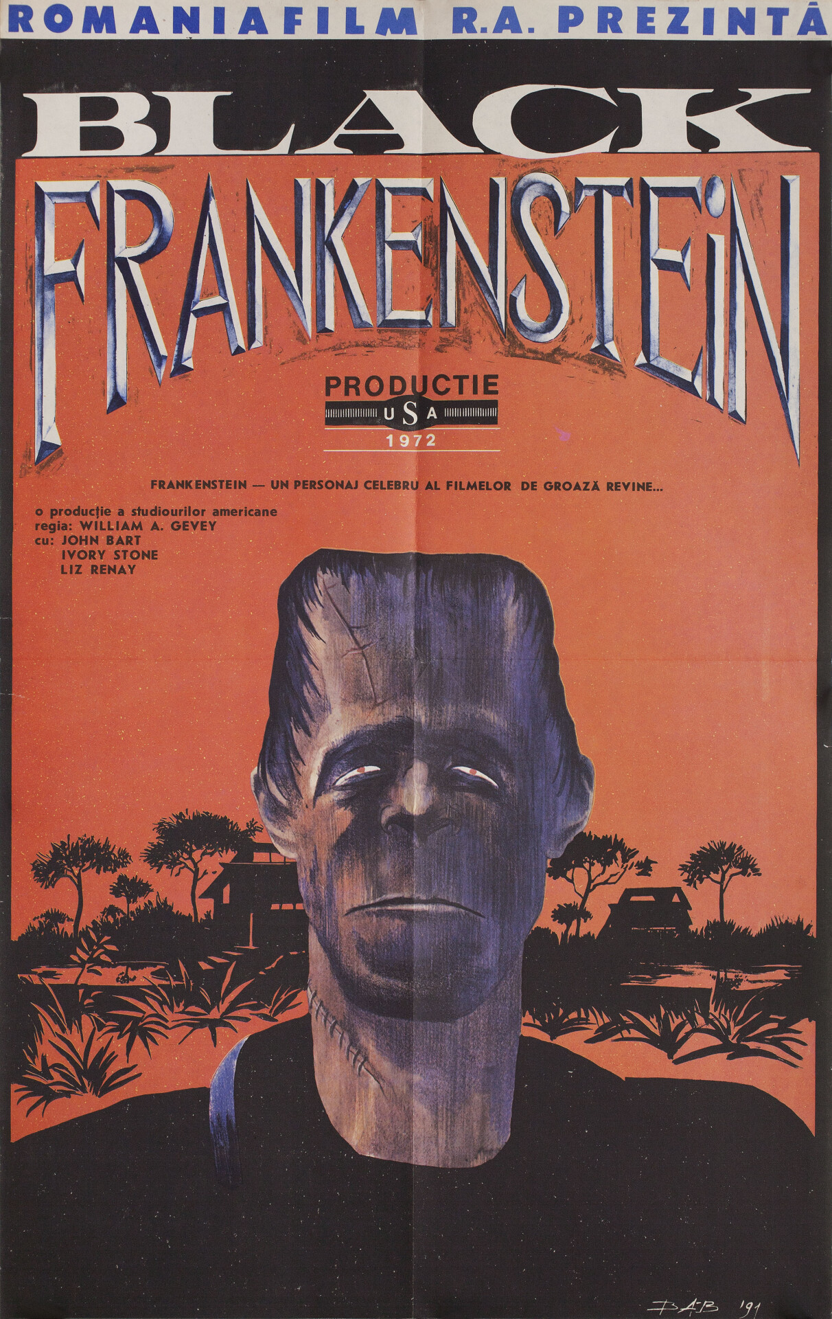 Блэкенштейн (Blackenstein, 1973), режиссёр Уильям А. Леви, румынский постер к фильму (ужасы, 1973 год)