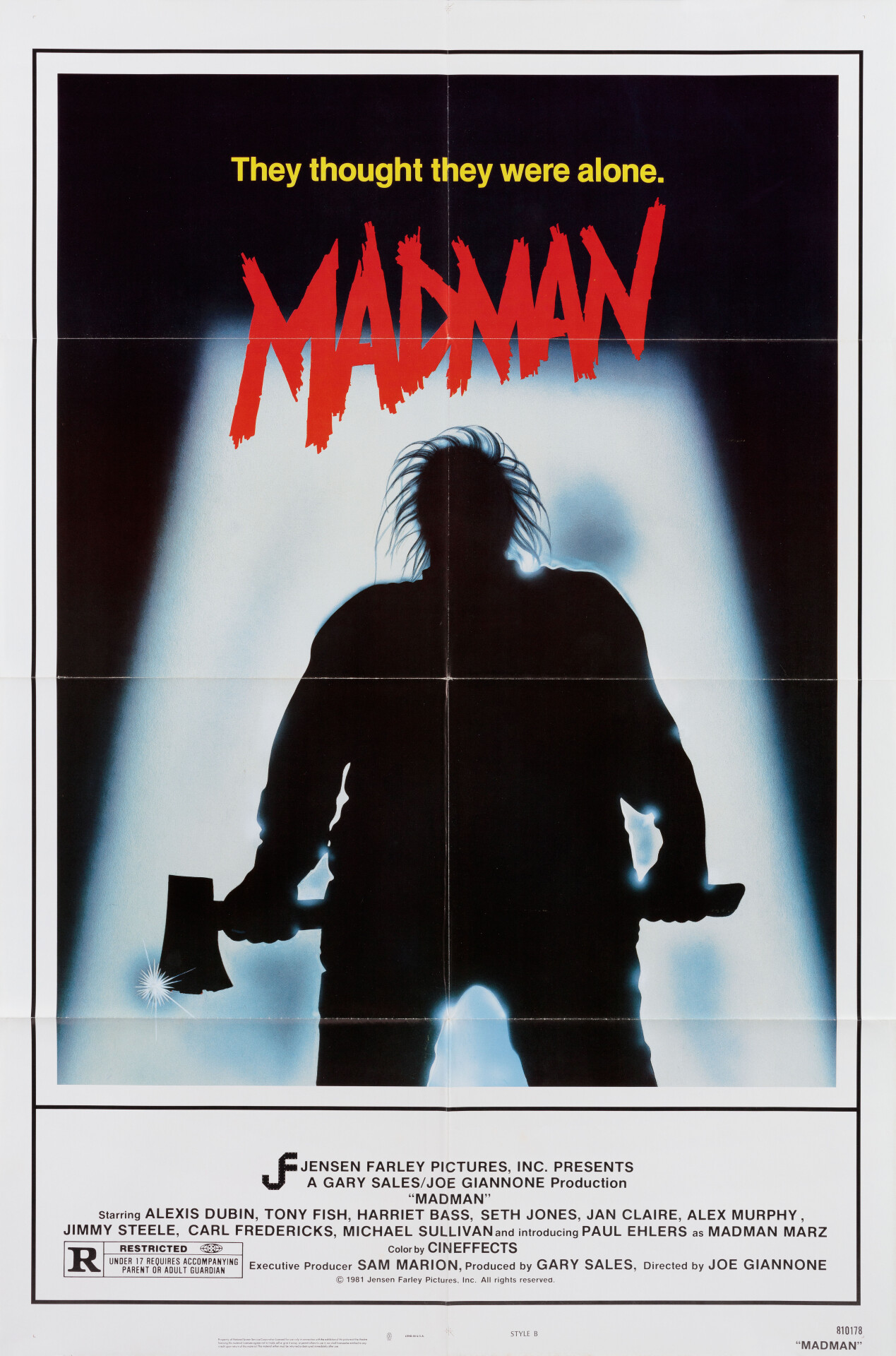 Безумец (Madman, 1982), режиссёр Джо Джианноне, американский постер к фильму (ужасы, 1982 год)