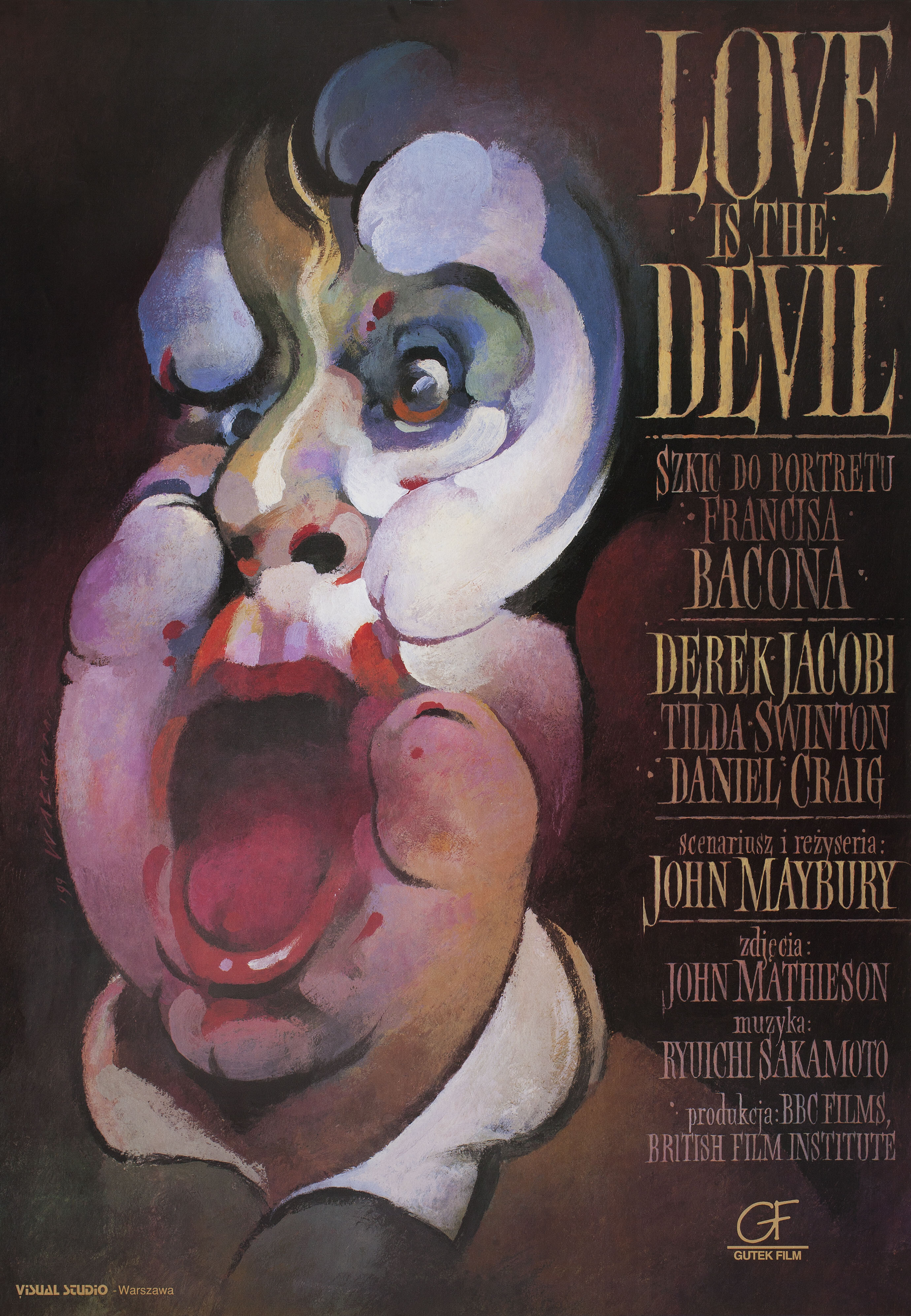 Любовь — это дьявол. Штрихи к портрету Ф. Бэкона (Love Is the Devil Study for a Portrait of Francis Bacon, 1998), режиссёр Джон Мэйбери, польский постер к фильму, автор Веслав Валкуски, 1999 год