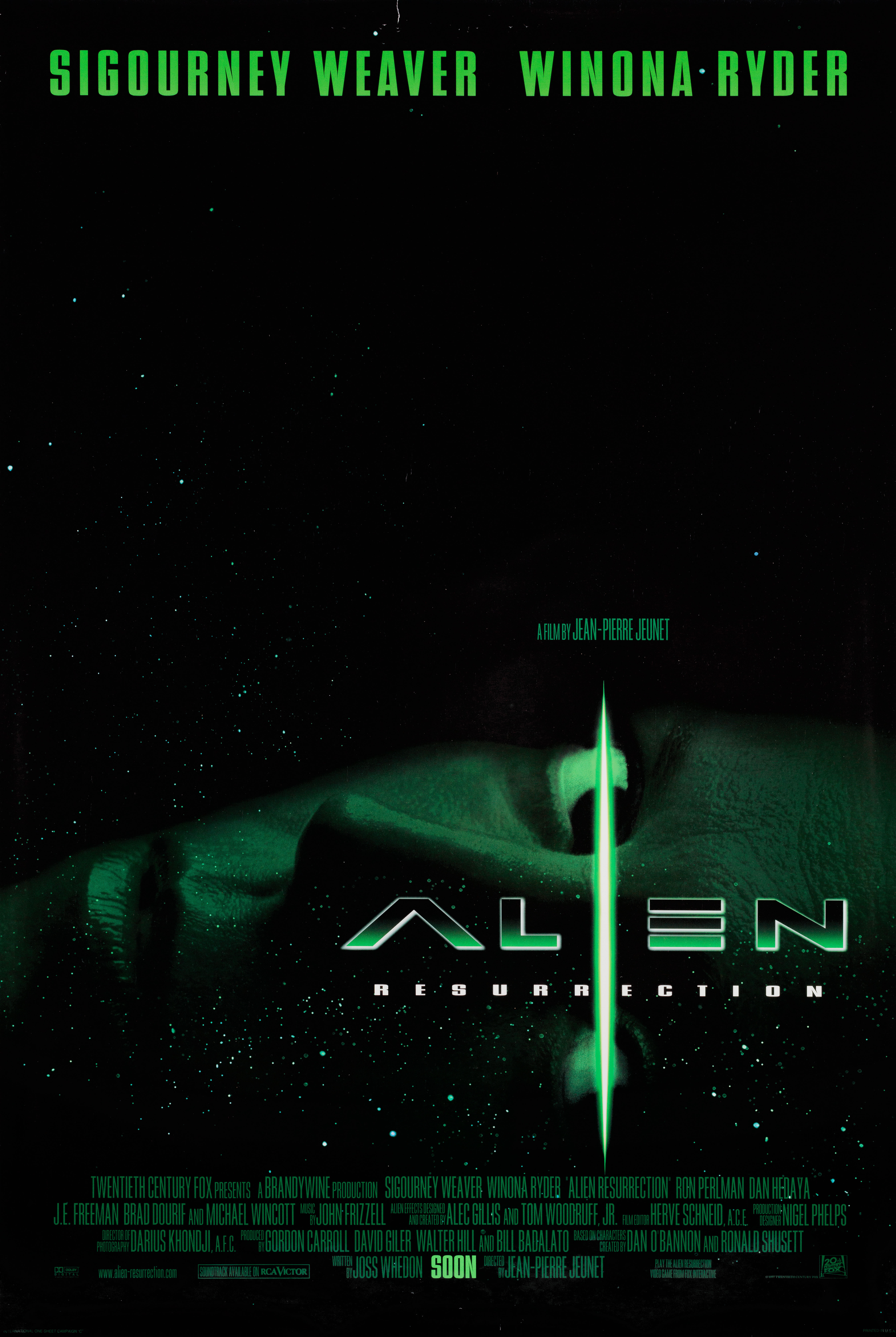 Чужой 4: Воскрешение (Alien Resurrection, 1997), режиссёр Жан-Пьер Жёне, американский постер к фильму, 1997 год