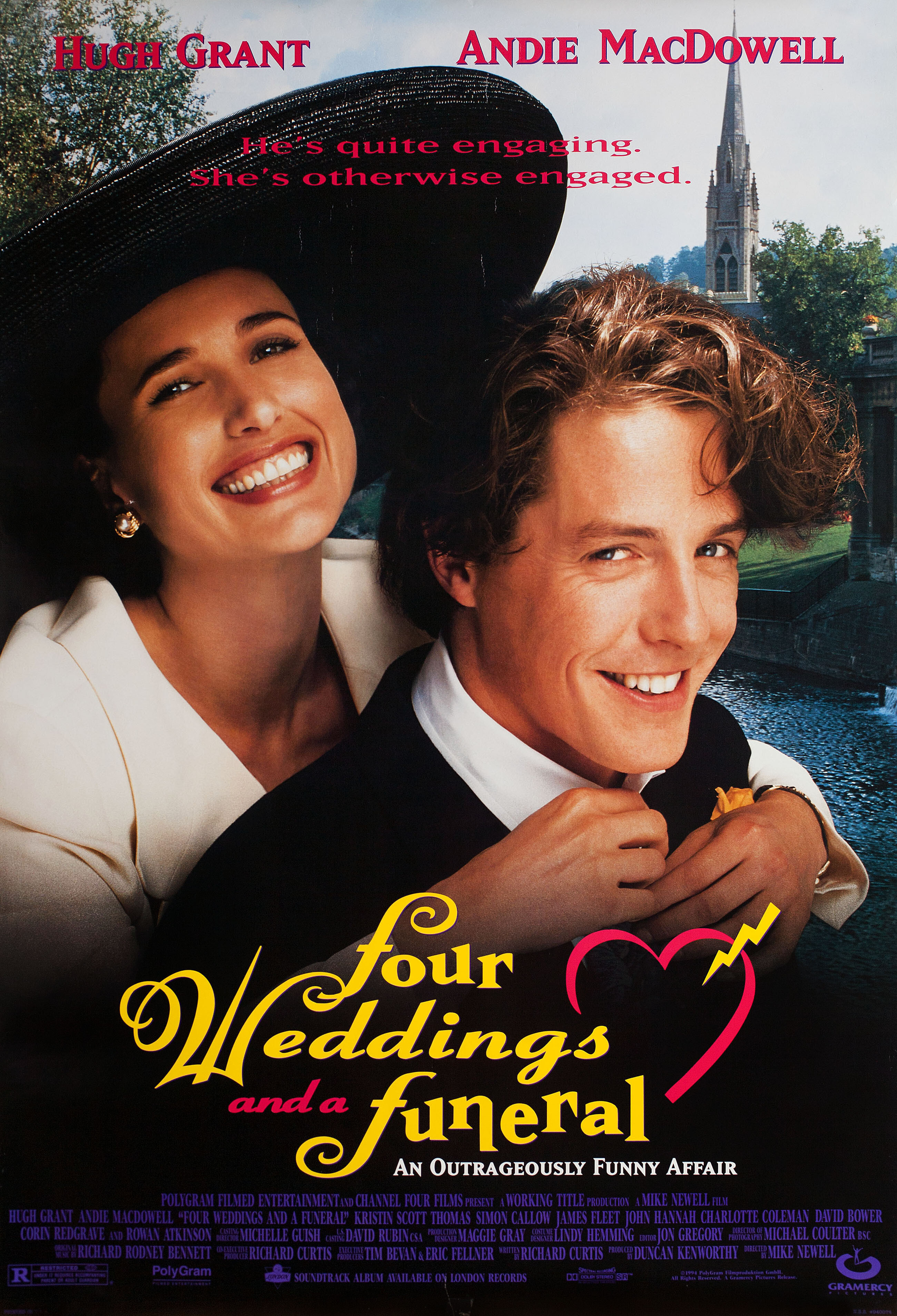 Четыре свадьбы и одни похороны (Four Weddings and a Funeral, 1994), режиссёр Майк Ньюэлл, американский постер к фильму, 1994 год