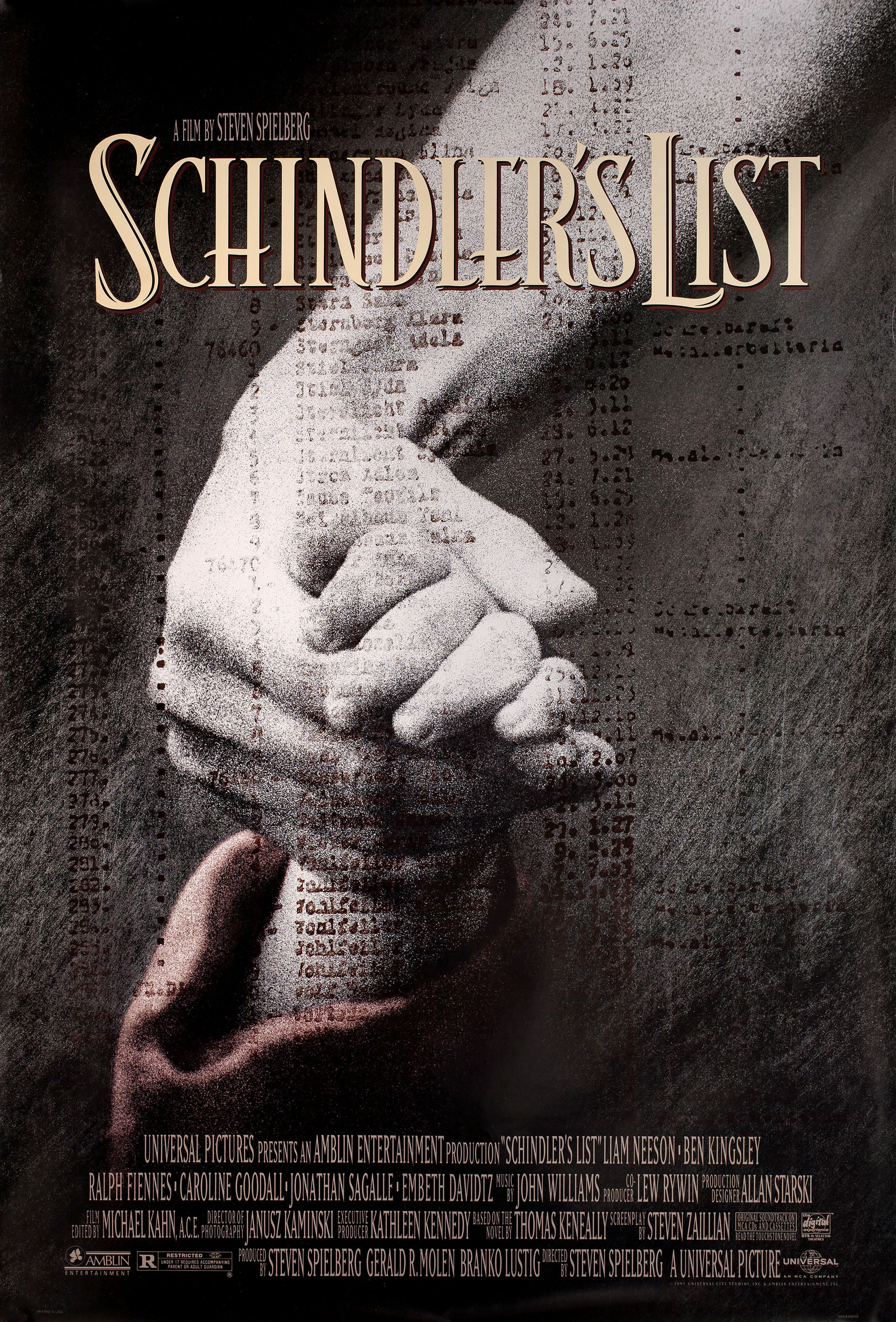 Список Шиндлера (Schindler's List, 1993), режиссёр Стивен Спилберг, американский постер к фильму, 1993 год