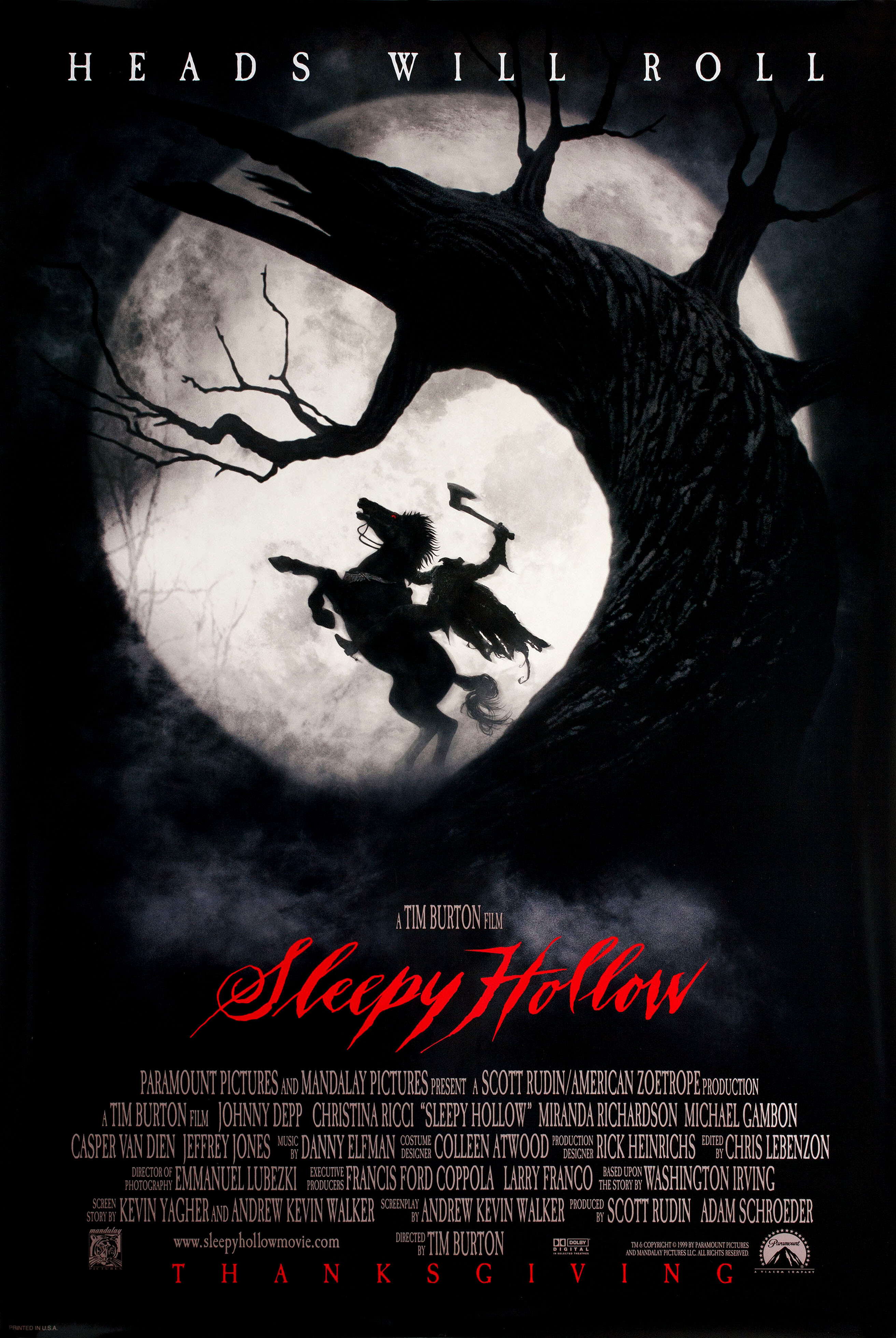 Сонная лощина (Sleepy Hollow, 1999), режиссёр Тим Бёртон, американский постер к фильму, 1999 год