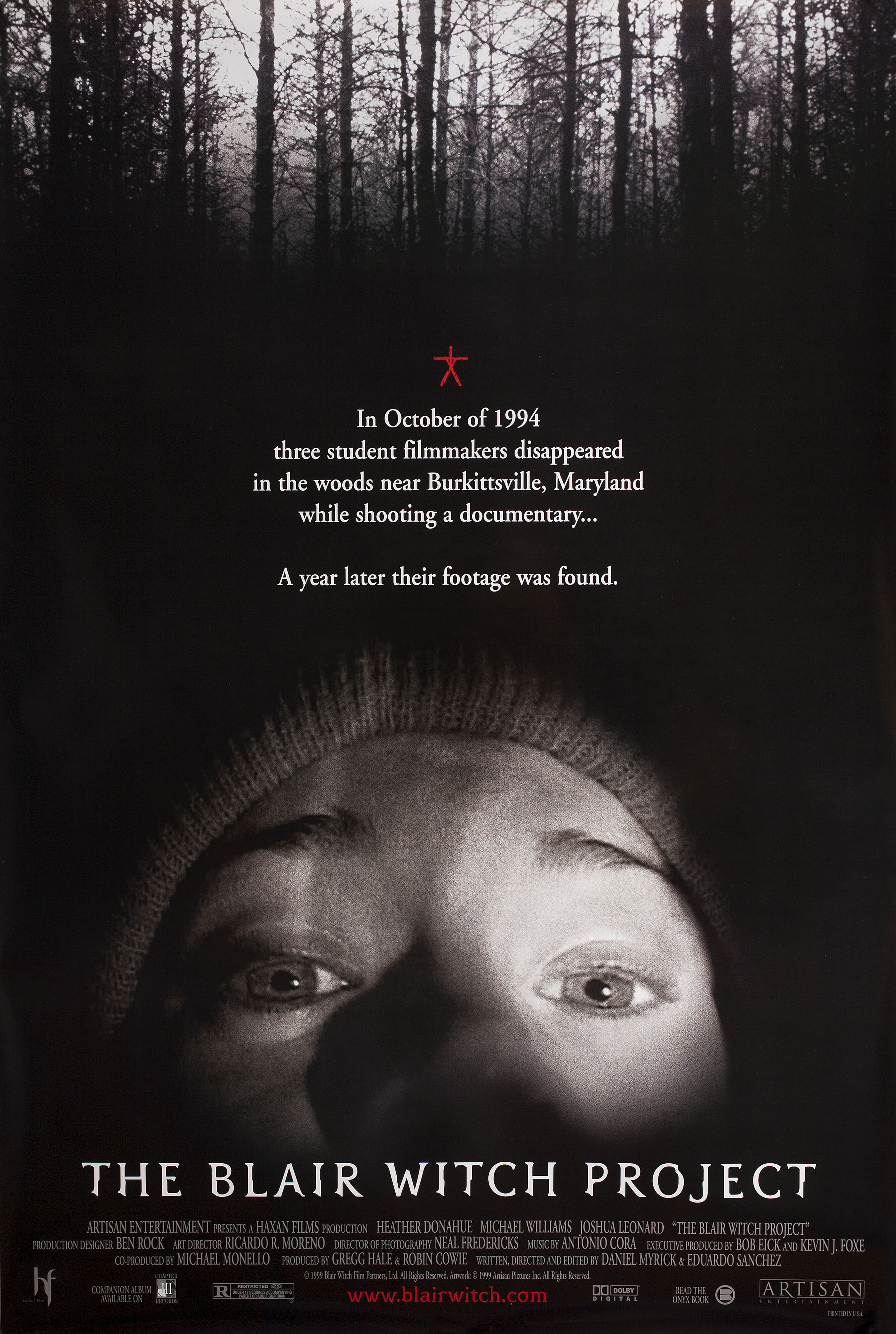 Ведьма из Блэр: Курсовая с того света (The Blair Witch Project, 1999), режиссёр Дэниэл Мирик, американский постер к фильму, 1999 год