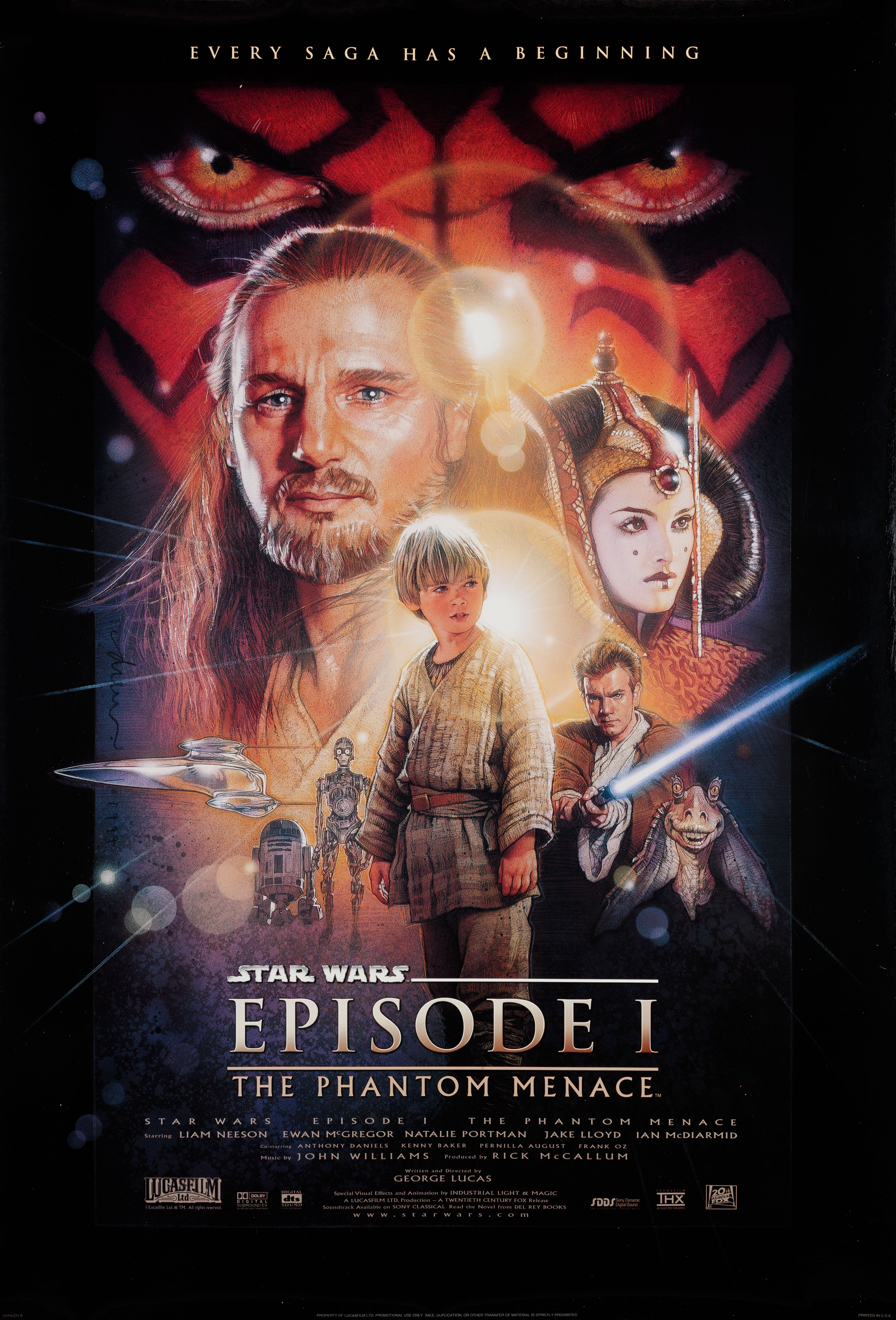 Звёздные войны: Эпизод 1 – Скрытая угроза (The Phantom Menace, 1999), режиссёр Джордж Лукас, американский постер к фильму, автор Дрю Струзан, 1999 год