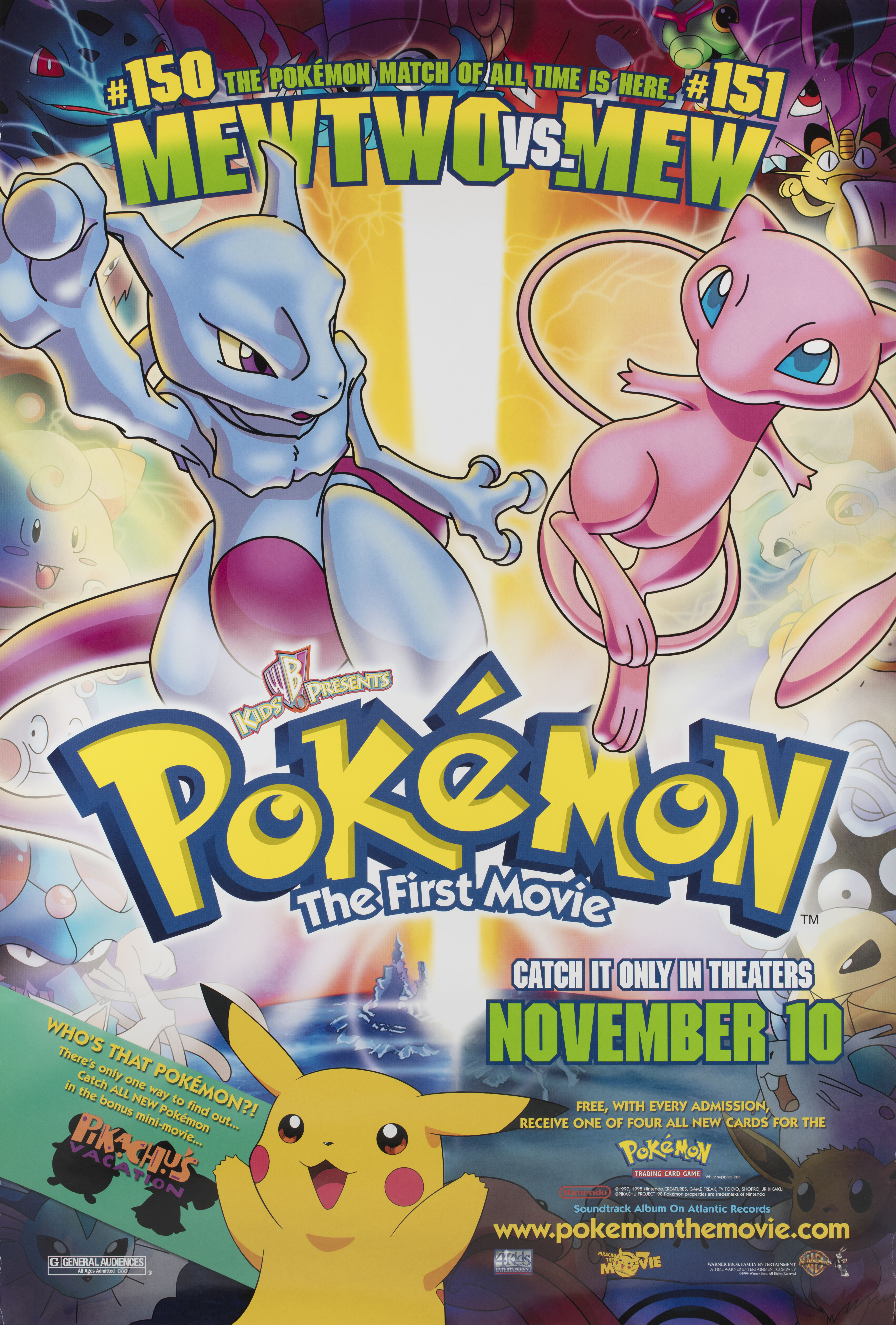 Покемон: Мьюту против Мью (Pokemon The First Movie - Mewtwo Strikes Back, 1998), режиссёр Кунихико Юяма, американский постер к фильму, 1998 год