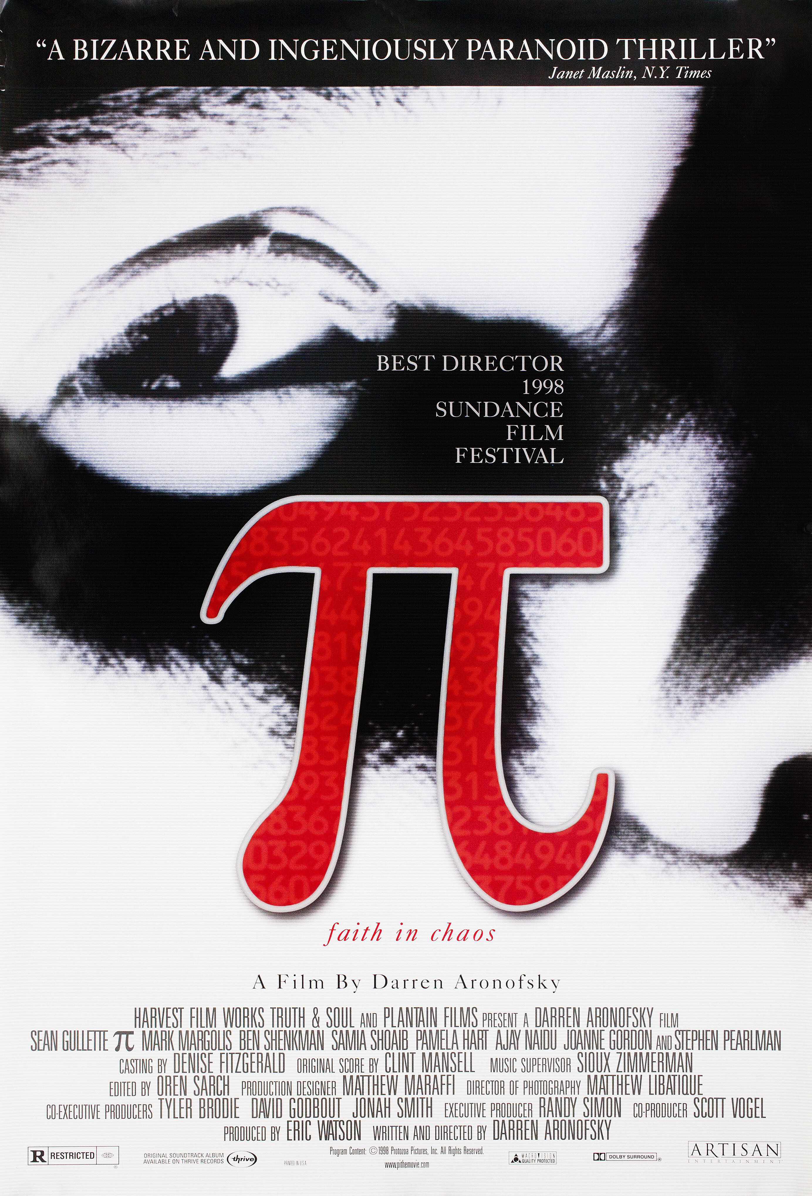 Пи (Pi, 1998), режиссёр Даррен Аронофски, американский постер к фильму, 1998 год