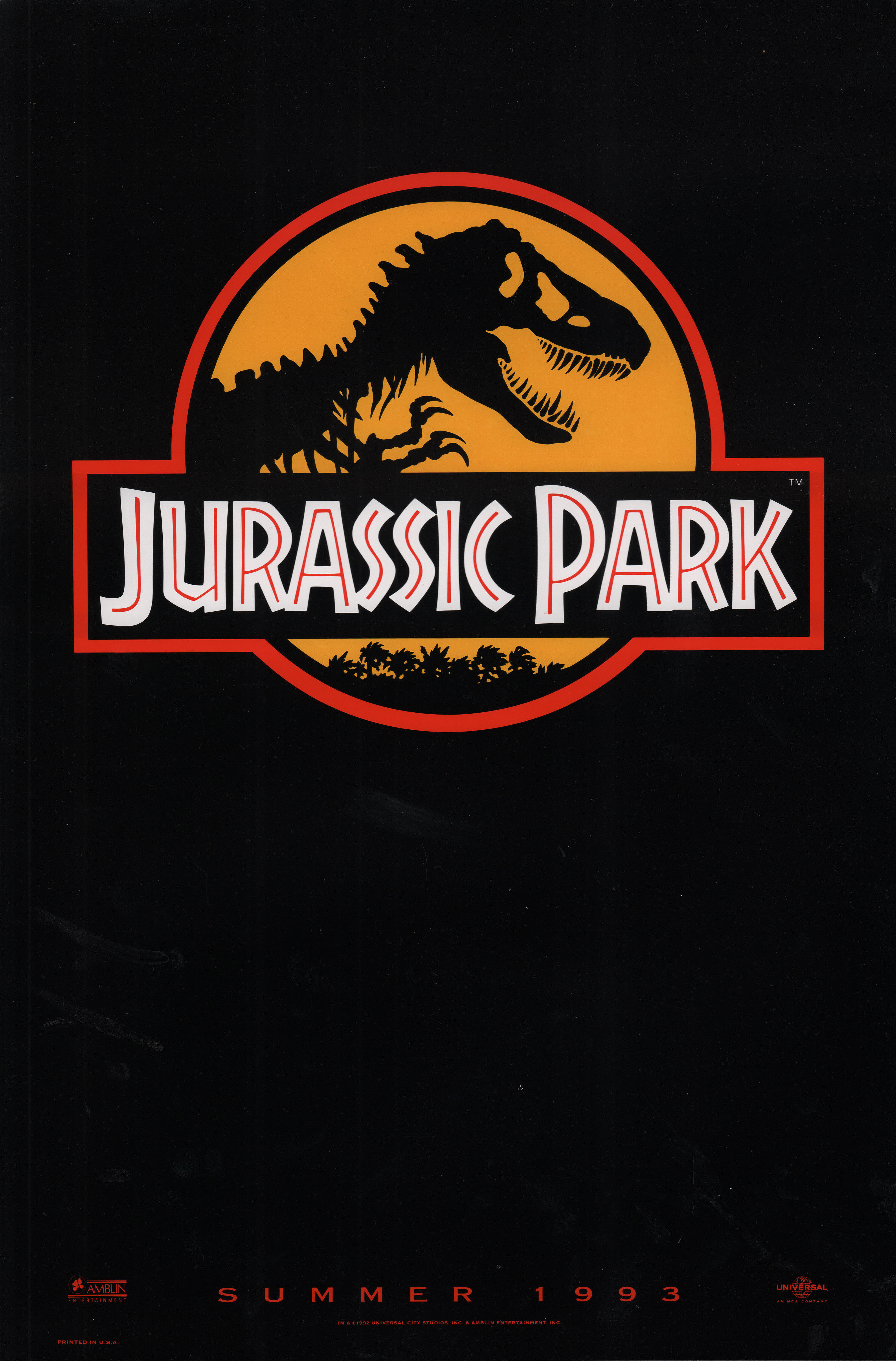 Парк Юрского периода (Jurassic Park, 1993), режиссёр Стивен Спилберг, американский постер к фильму, 1993 год