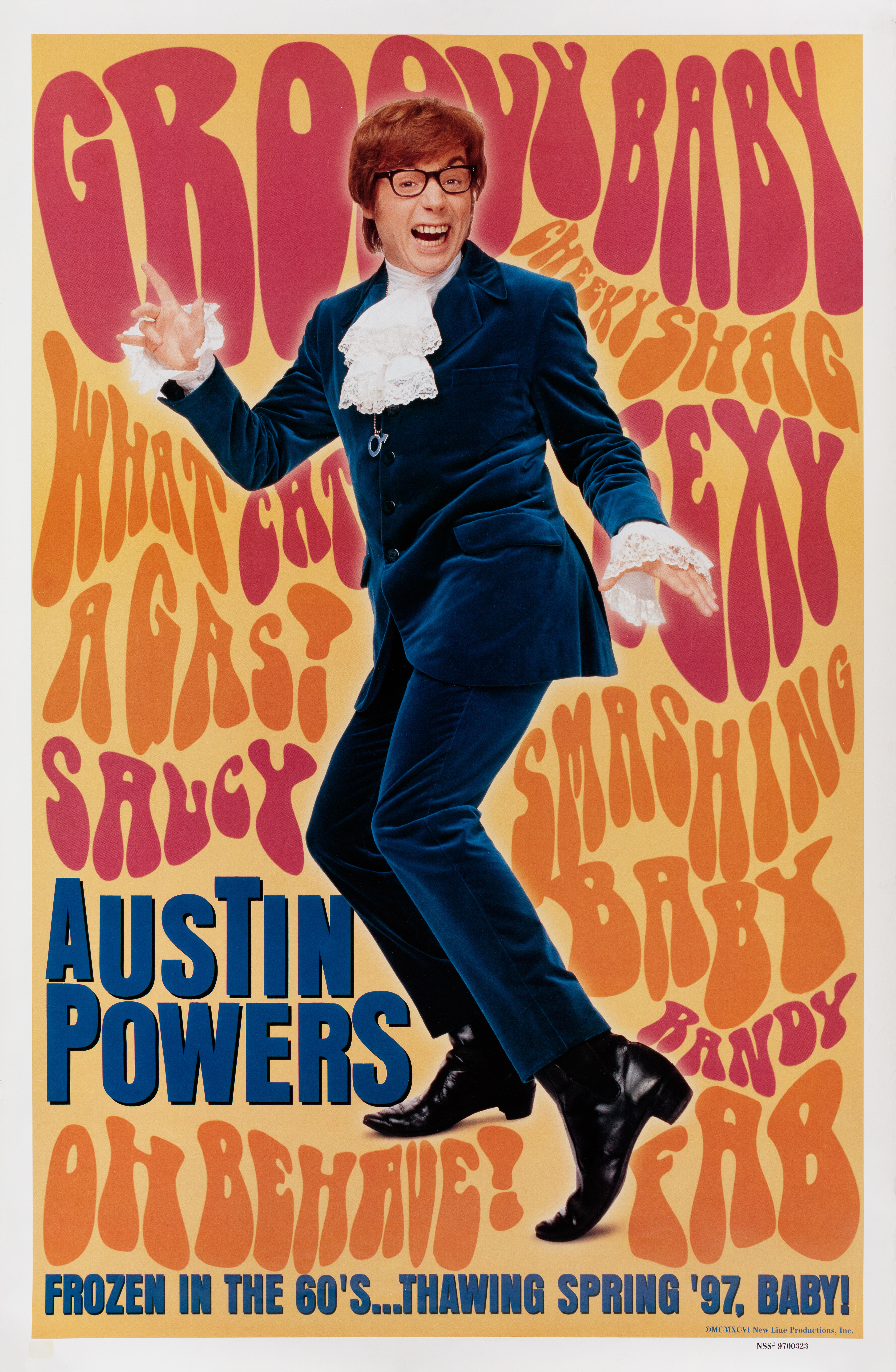 Остин Пауэрс: Человек-загадка международного масштаба (Austin Powers International Man of Mystery, 1997), режиссёр Джей Роуч, американский постер к фильму, 1997 год
