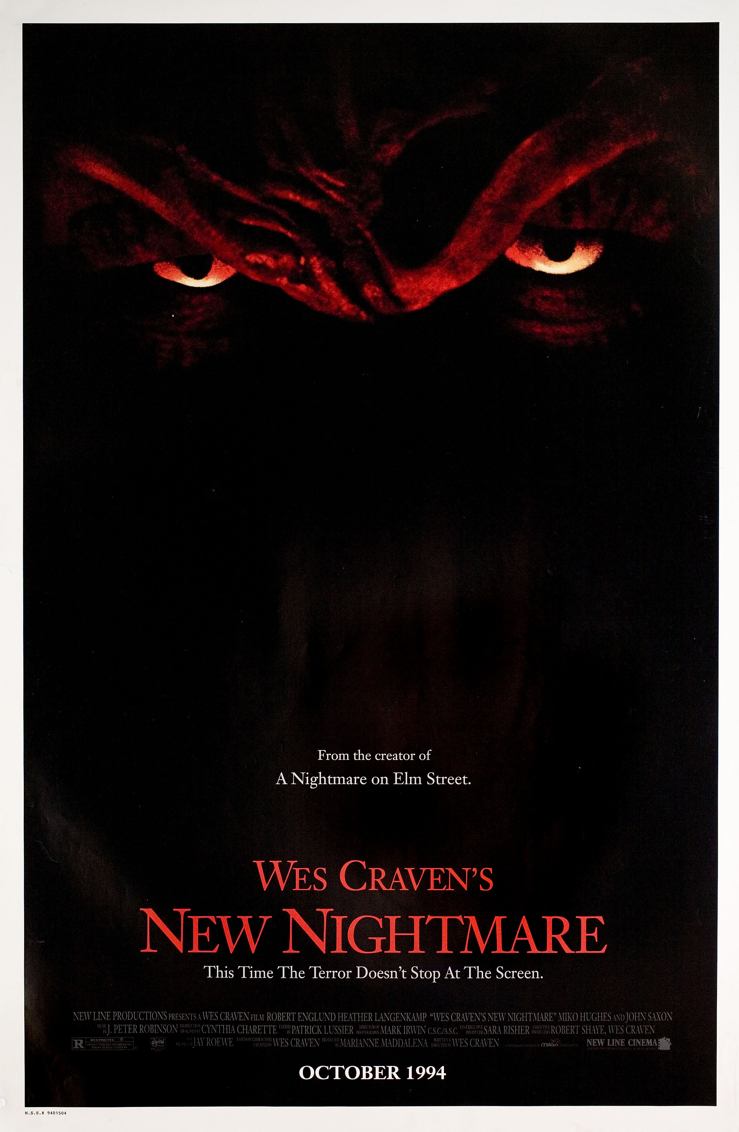 Кошмар на улице Вязов 7: Новый кошмар (Wes Cravens New Nightmare, 1994), режиссёр Уэс Крэйвен, американский постер к фильму, 1994 год