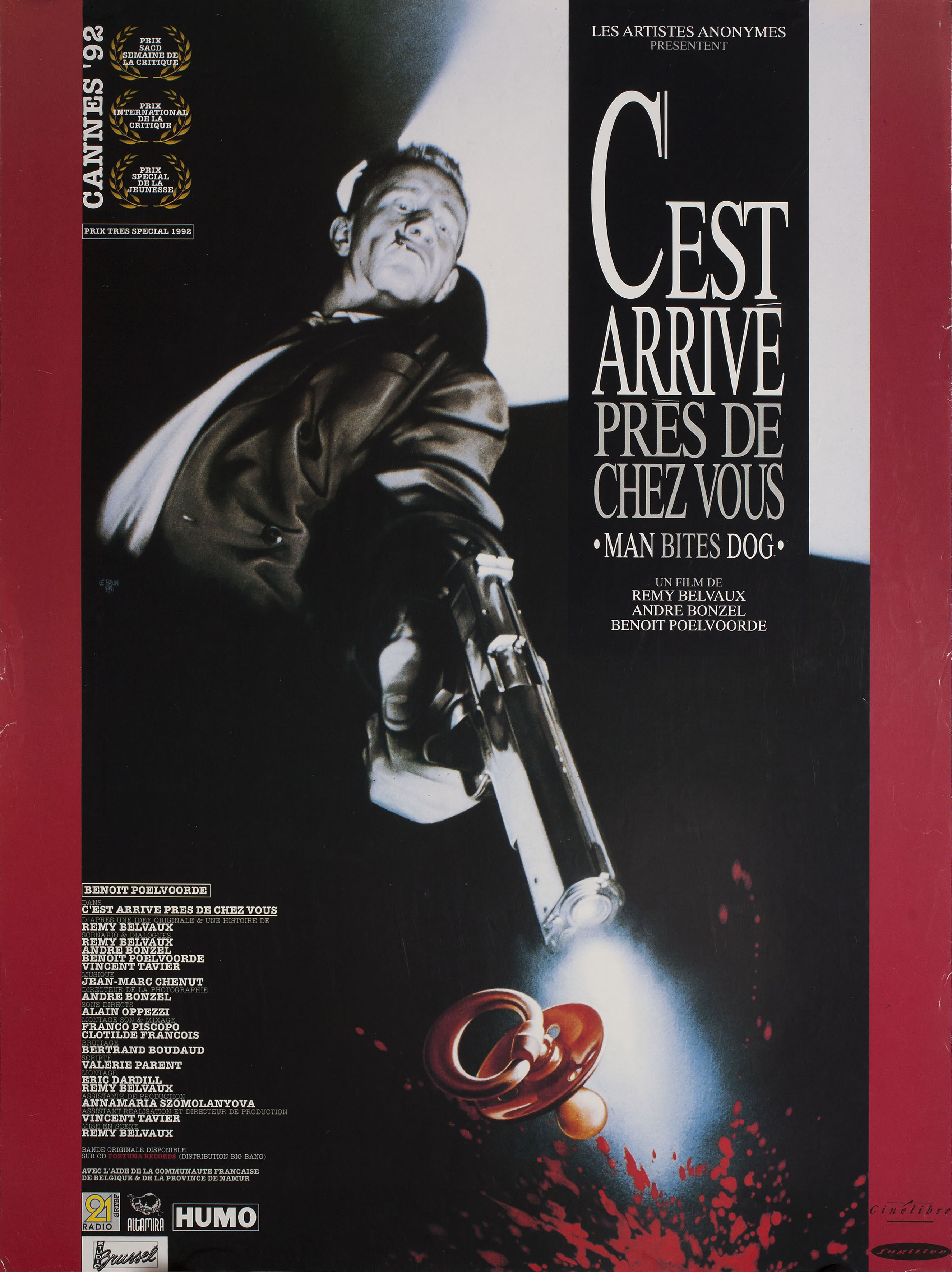 Мужчина кусает собаку (Man Bites Dog, 1992), режиссёр Реми Бельво, французский постер к фильму, 1993 год
