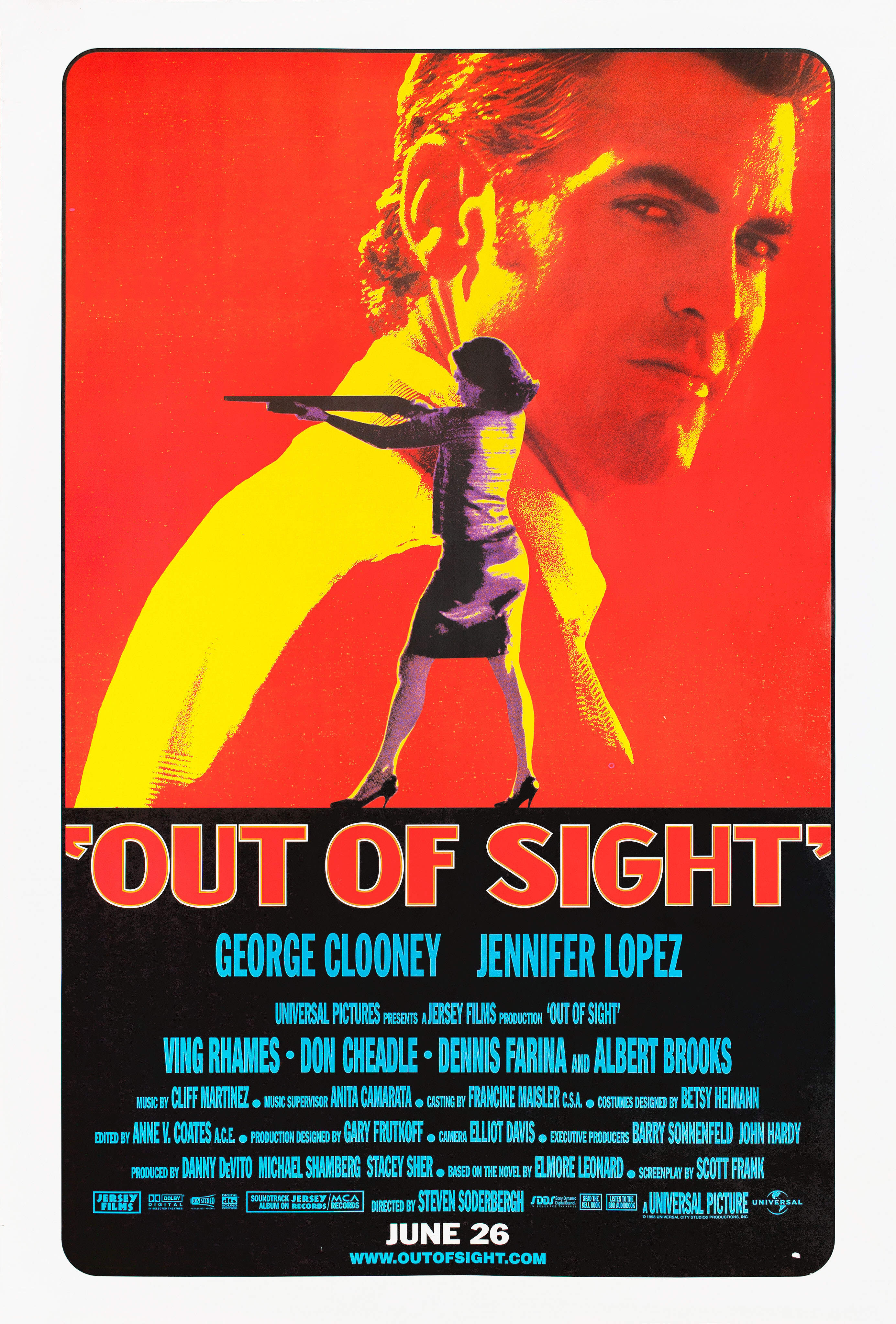 Вне поля зрения (Out of Sight, 1998), режиссёр Стивен Содерберг, американский постер к фильму, 1998 год