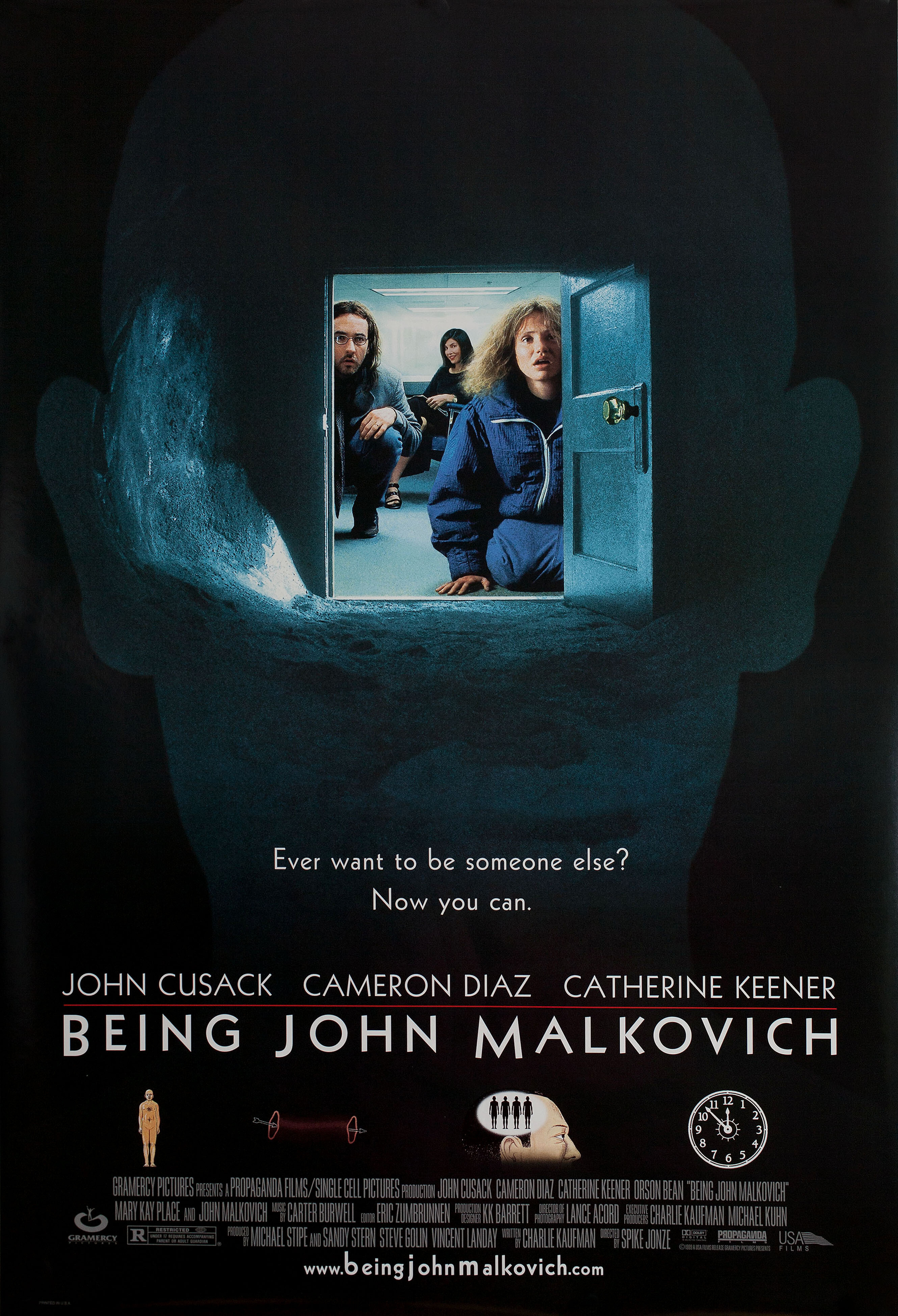 Быть Джоном Малковичем (Being John Malkovich, 1999), режиссёр Спайк Джонз, американский постер к фильму