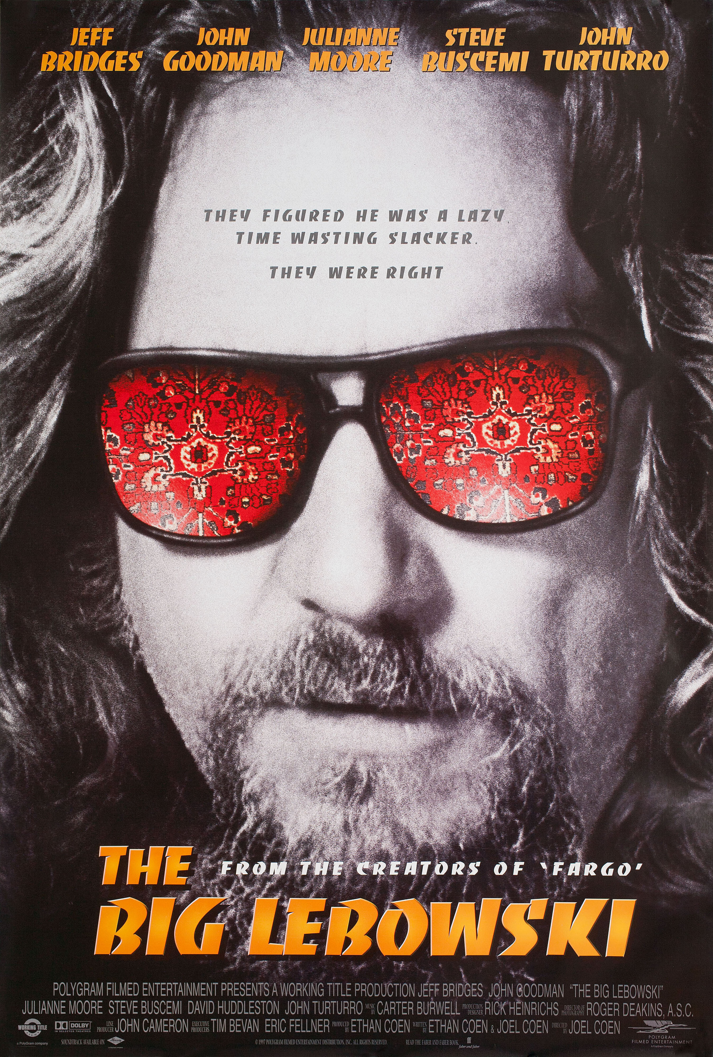 Большой Лебовски (The Big Lebowski, 1998), режиссёры Джоэл и Итан Коэн, британский постер к фильму, 1998 год