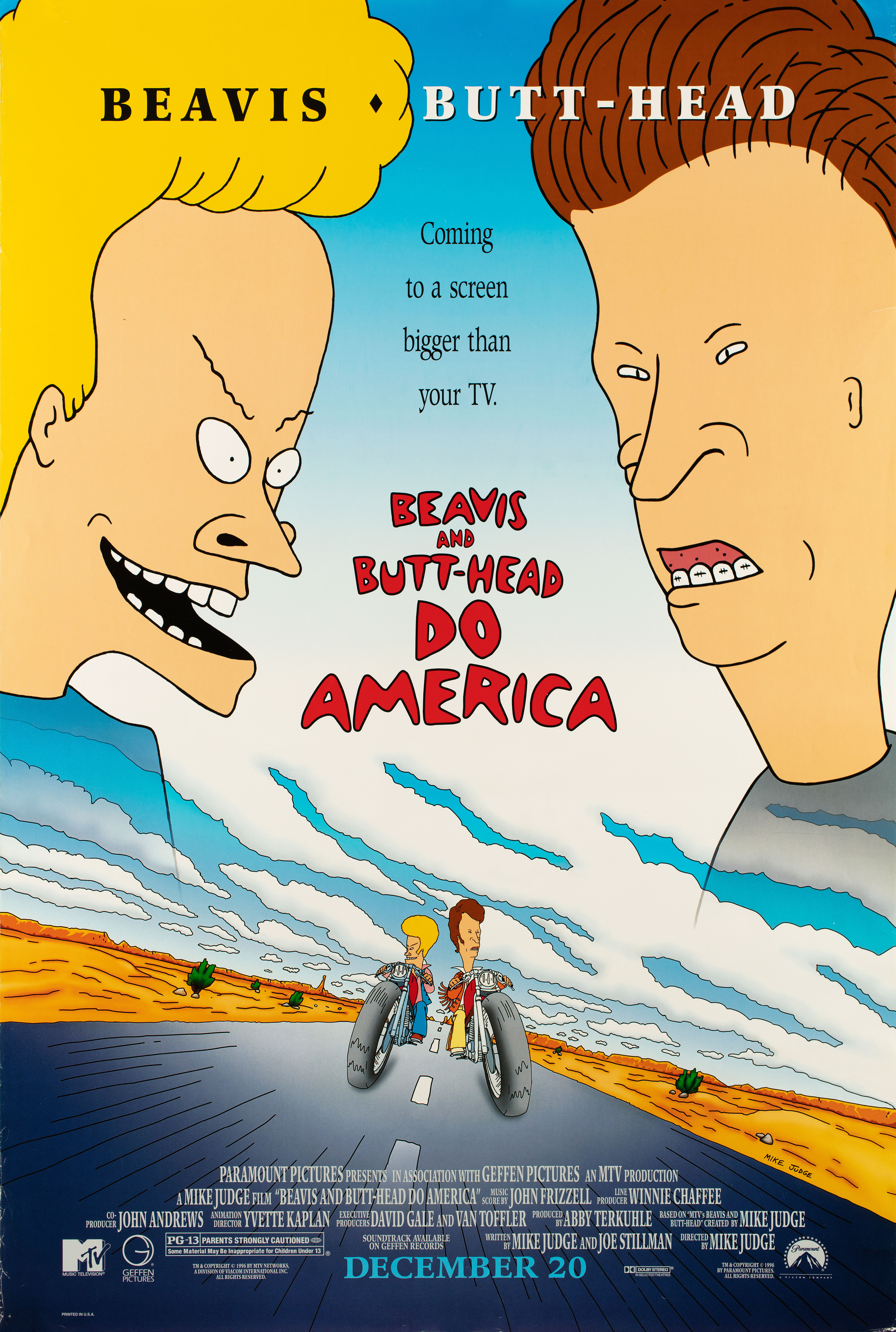 Бивис и Батт-Хед уделывают Америку (Beavis and Butt-Head Do America, 1996), режиссёр Майк Джадж, американский постер к фильму, 1996 год