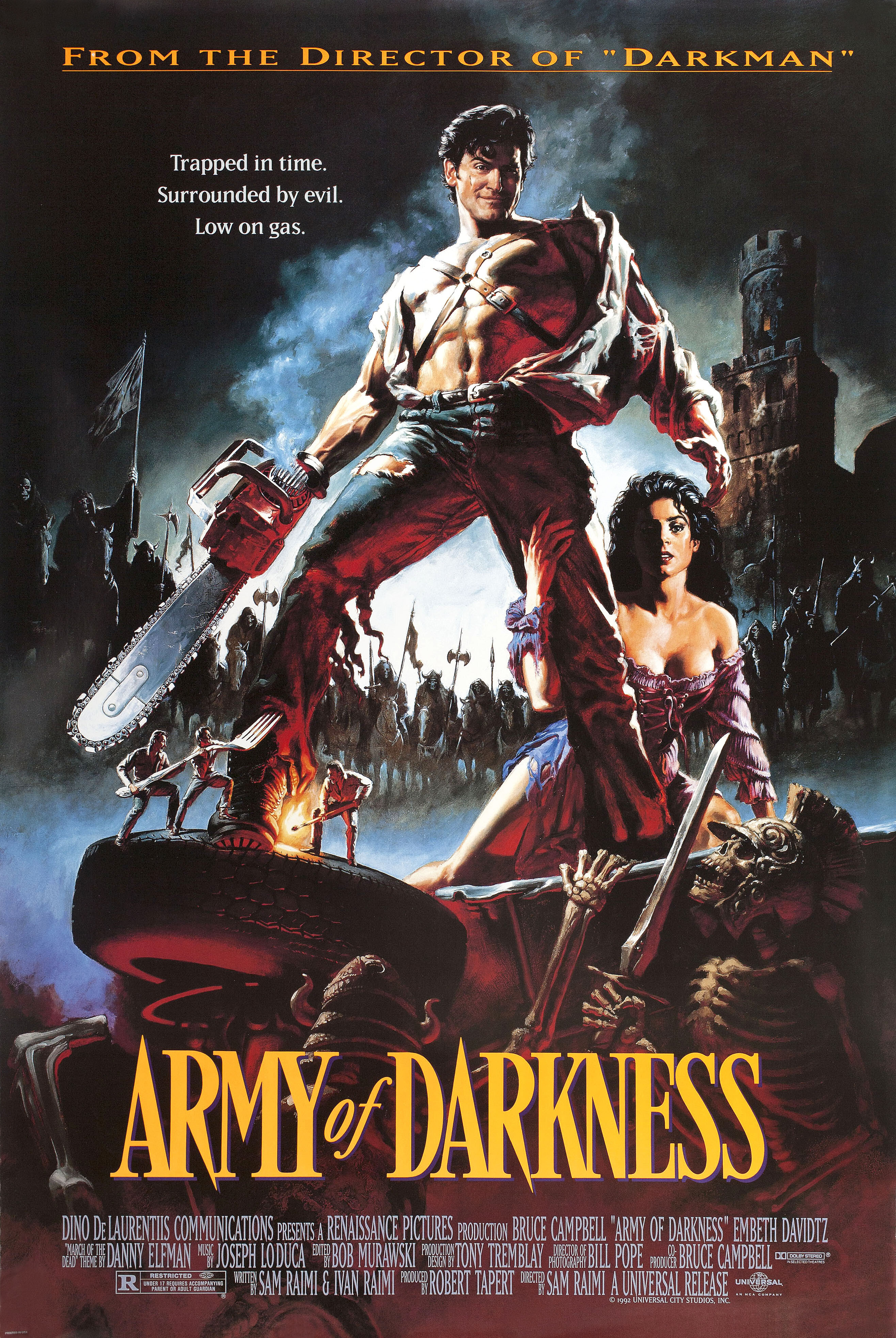 Зловещие мертвецы 3: Армия тьмы (Army of Darkness, 1992), режиссёр Сэм Рэйми, американский постер к фильму, автор Джон Болтон, 1992 год