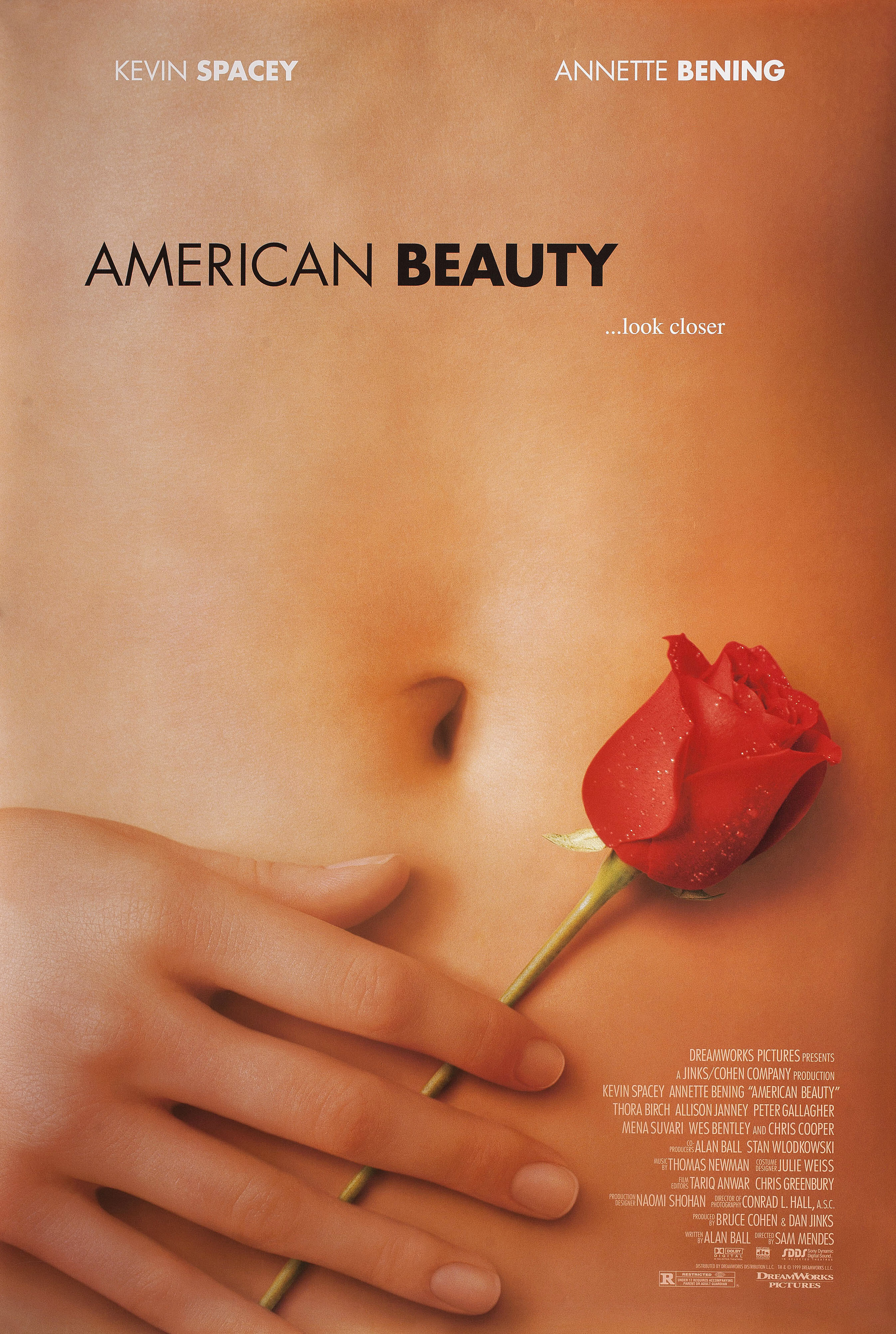 Красота по-американски (American Beauty, 1999), режиссёр Сэм Мендес, американский постер к фильму, 1999 год