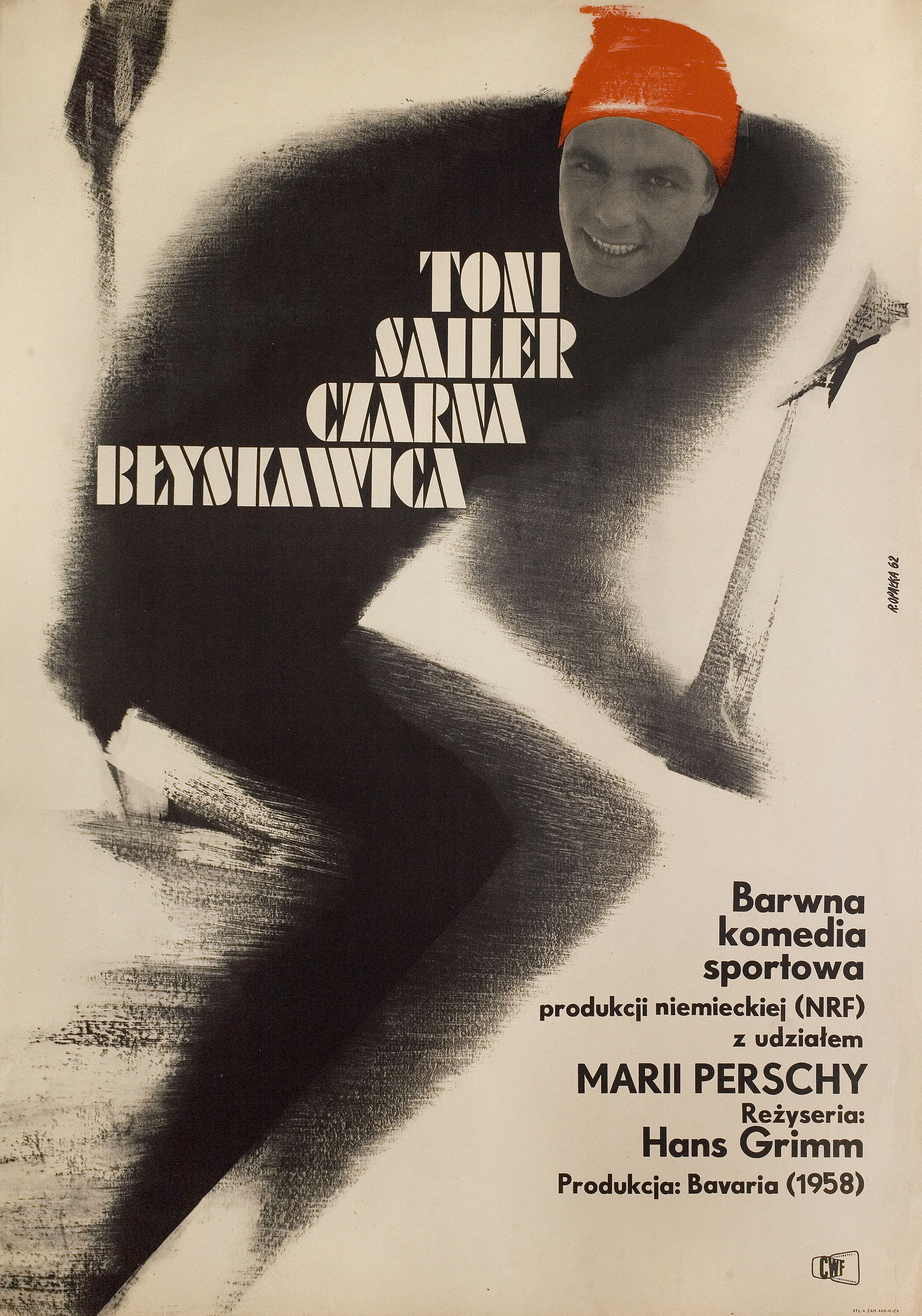 Черная молния (Der schwarze Blitz, 1958), режиссёр Ханс Гримм, польский плакат к фильму, 1962 год, автор Роман Опалка