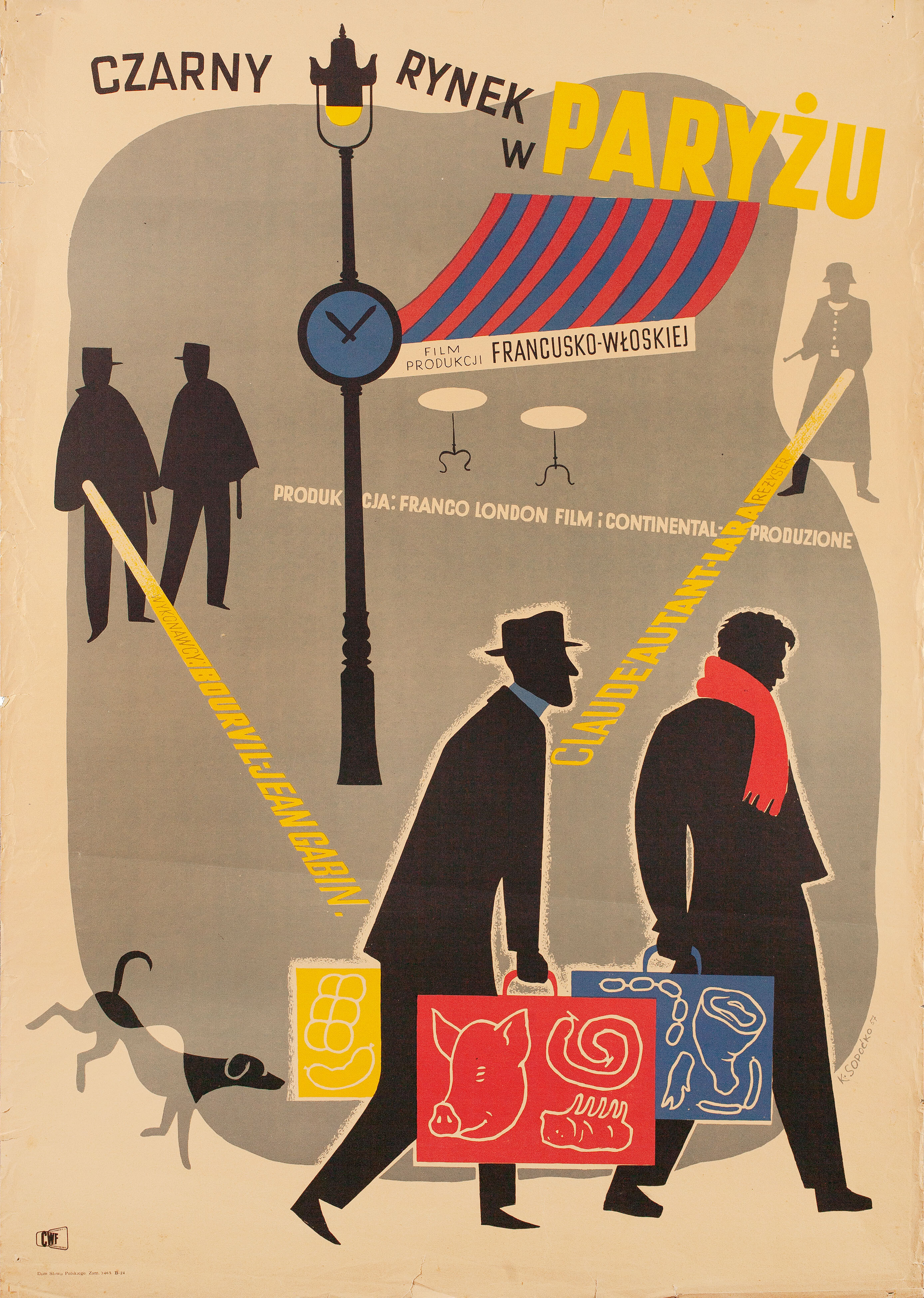 Через Париж (Four Bags Full, 1956), режиссёр Клод Отан-Лара, польский плакат к фильму, 1957 год, автор Константин Сопочко