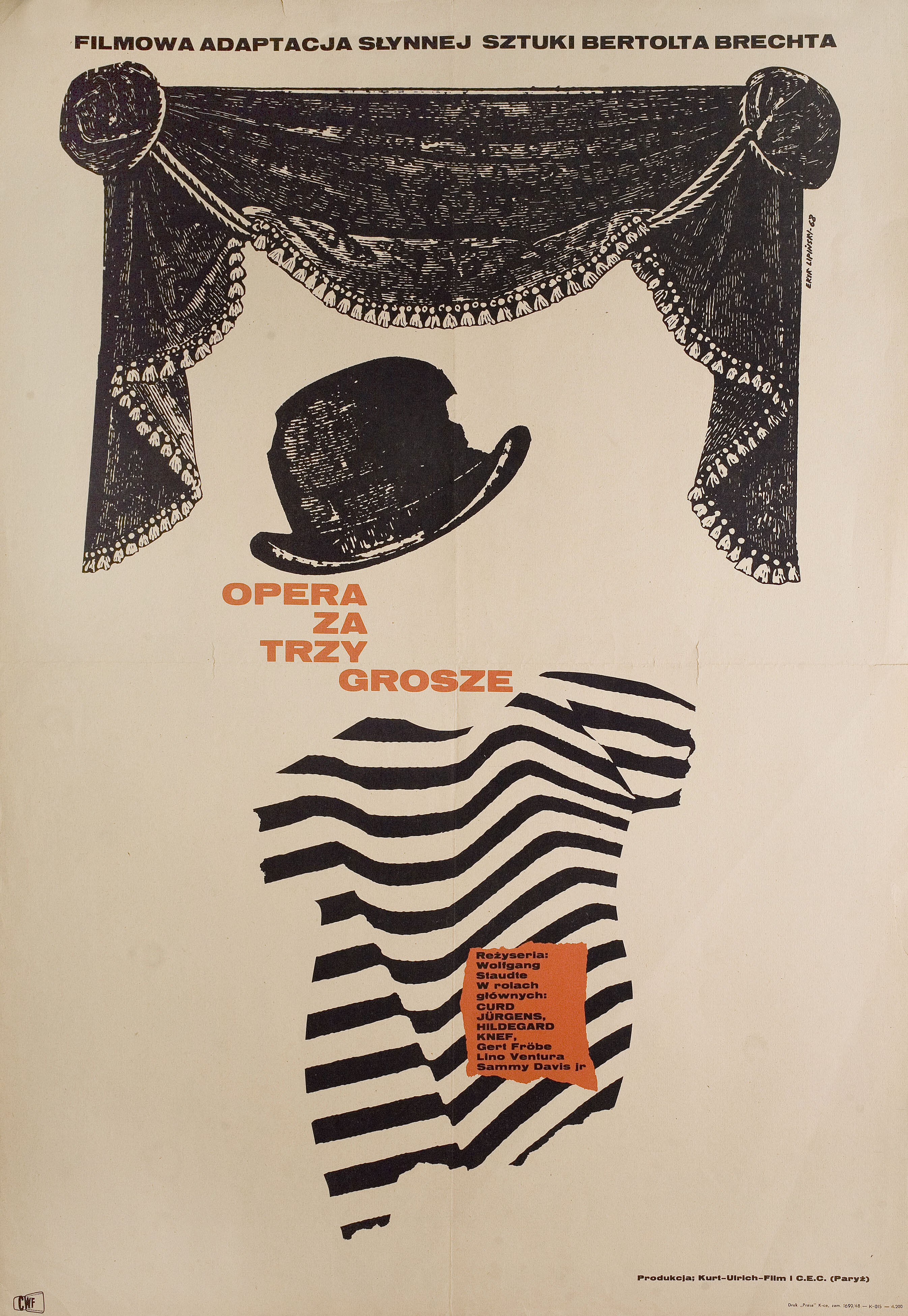Трехгрошовая опера (The Threepenny Opera, 1963), режиссёр Вольфганг Штаудте, польский плакат к фильму, 1968 год, автор Эрик Липински