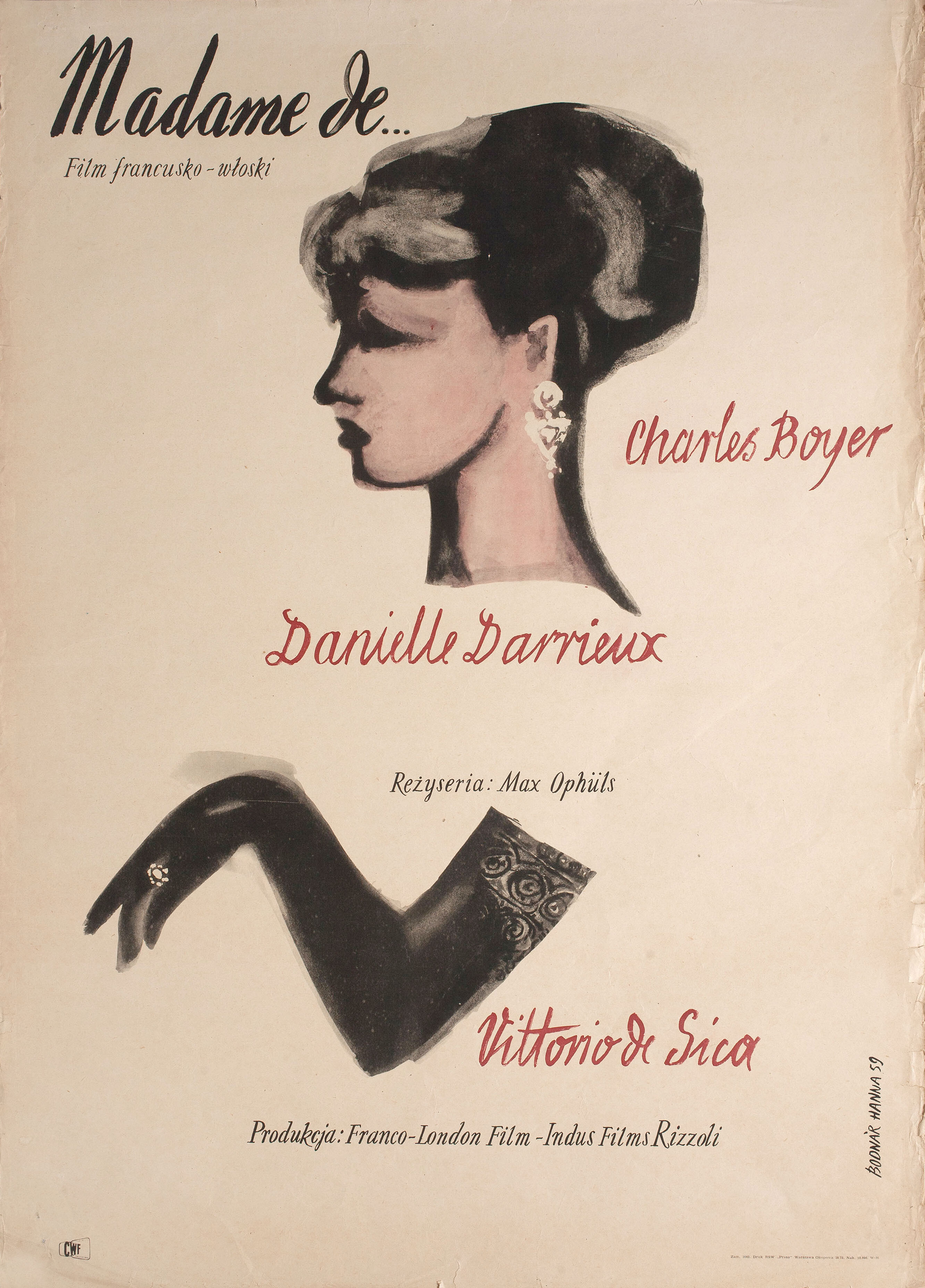 Мадам де… (The Earrings of Madame de..., 1953), режиссёр Макс Офюльс, польский плакат к фильму, 1959 год, автор Ханна Боднар