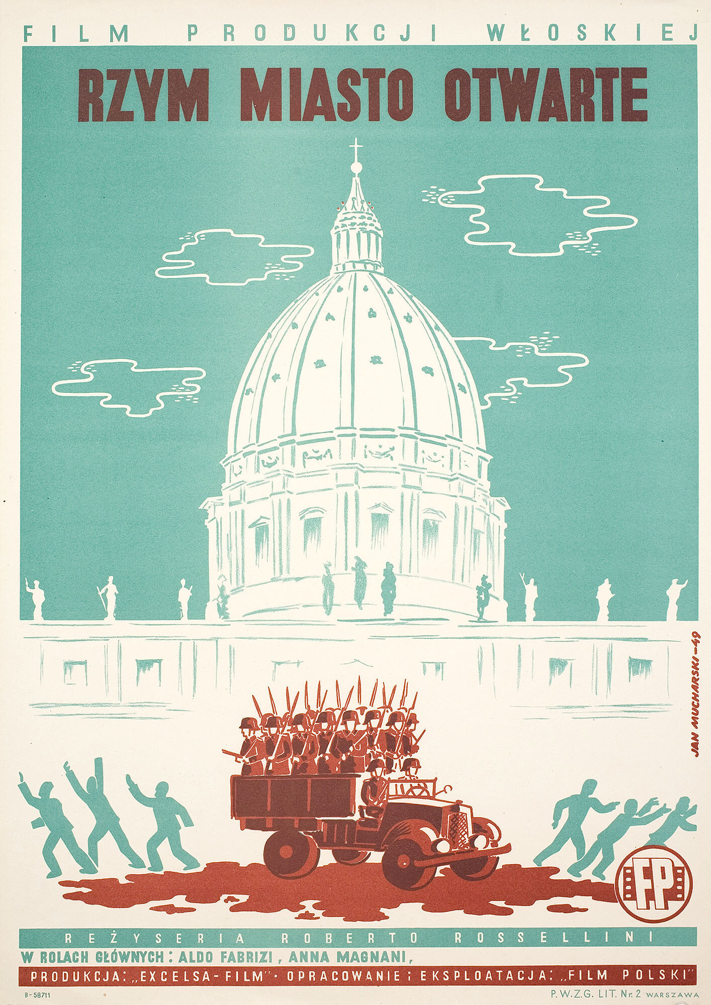 Рим, Открытый город (Rome, Open City, 1945), режиссёр Роберто Росселлини, польский плакат к фильму, 1949 год, автор Ян Мухарски
