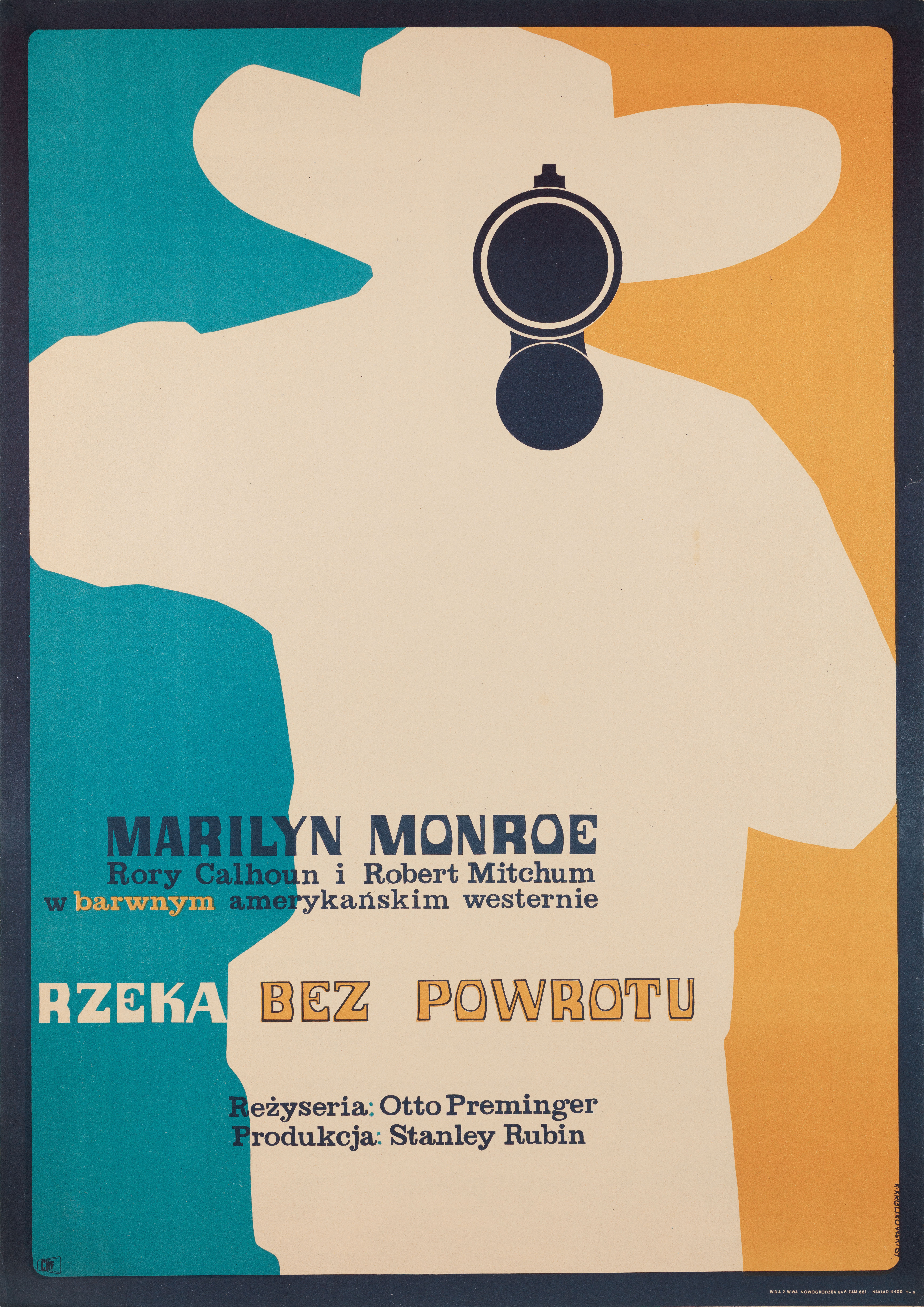 Река не течёт вспять (River of No Return, 1954), режиссёр Отто Премингер, польский плакат к фильму, 1967 год