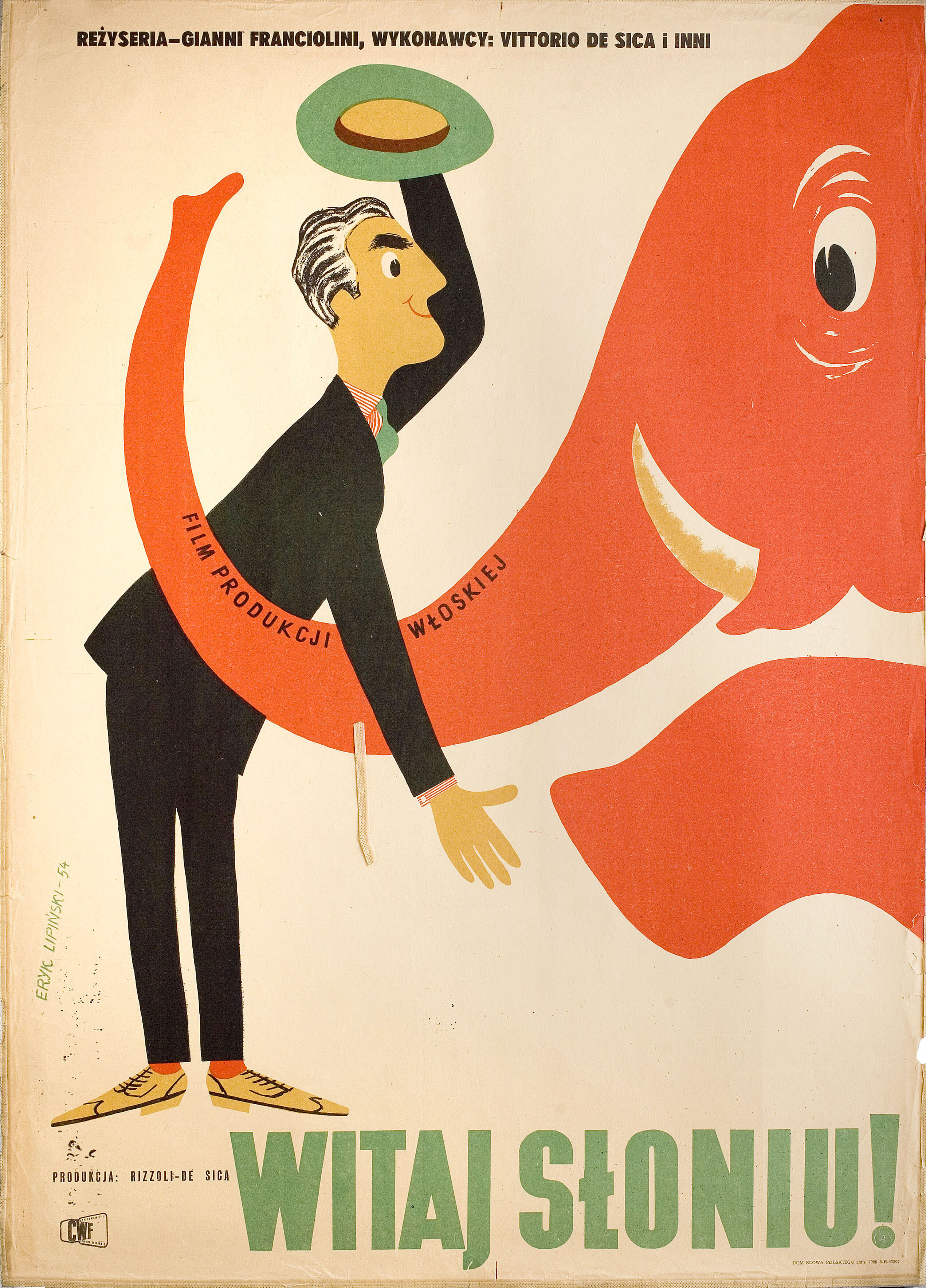 Доброе утро, слон! (Hello Elephant, 1952), режиссёр Джанни Франчолини, польский плакат к фильму, 1954 год, автор Эрик Липински