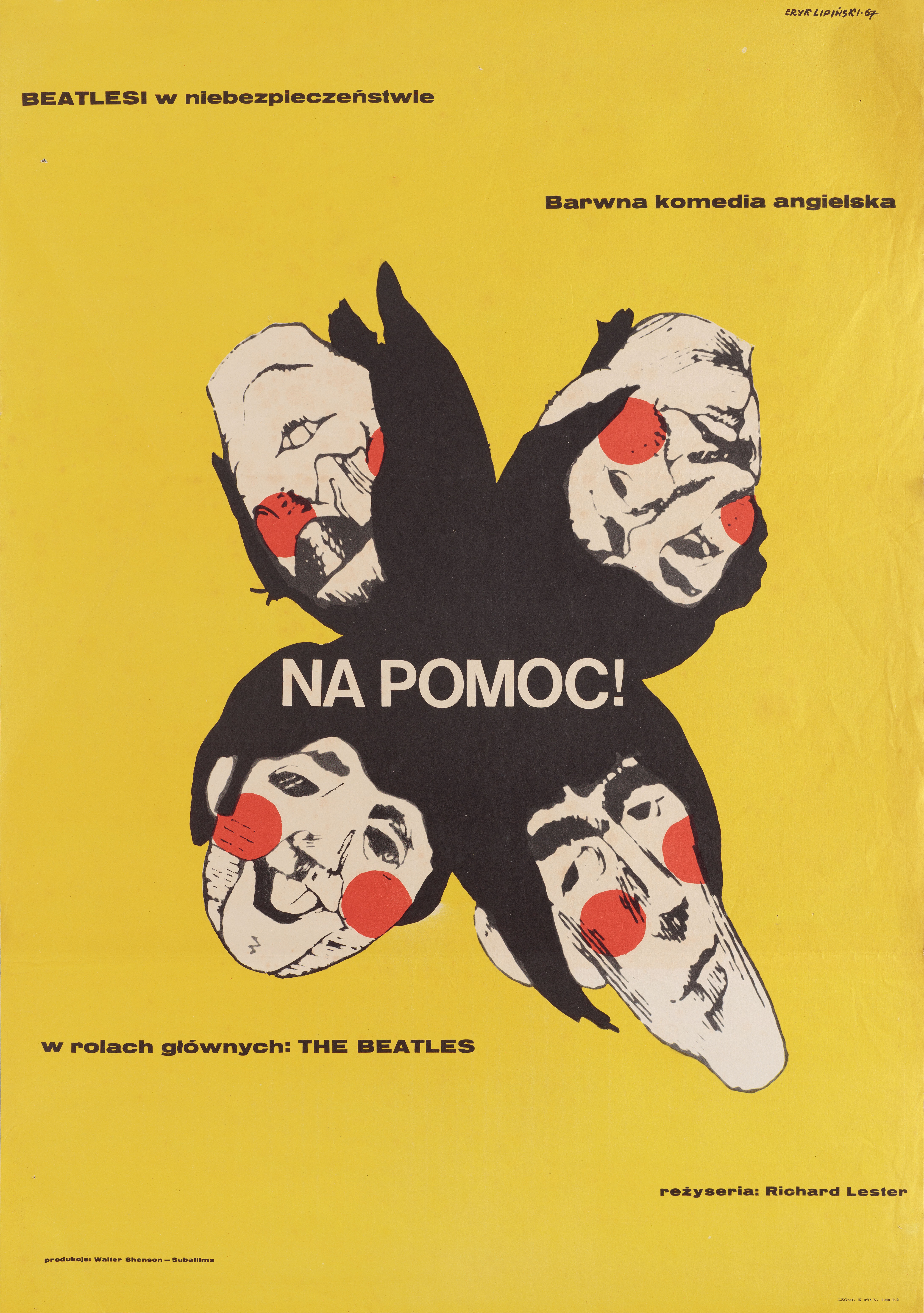 На помощь! (Help!, 1965), режиссёр Ричард Лестер, польский плакат к фильму, 1967 год, автор Эрик Липински