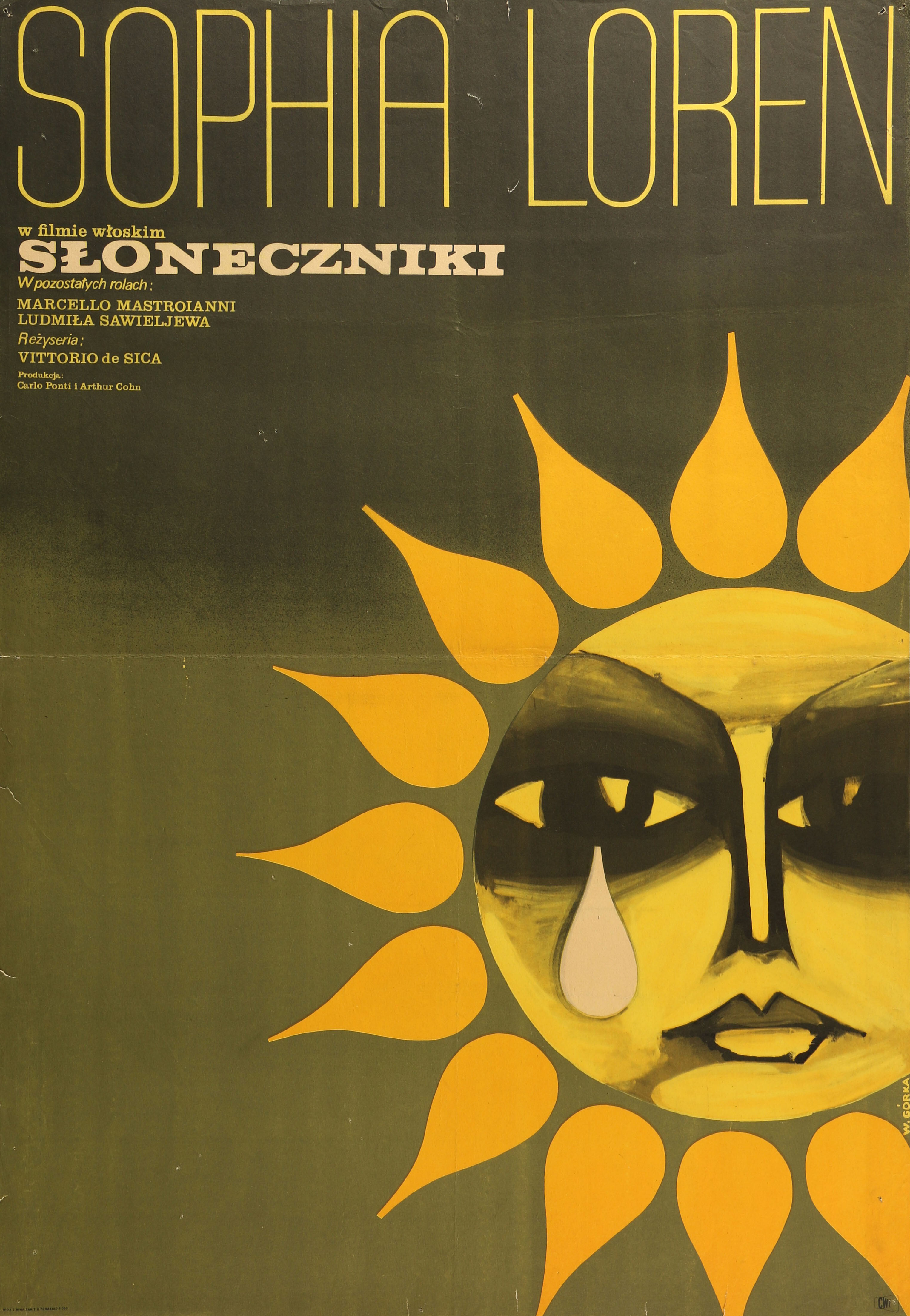 Подсолнухи (Sunflower, 1970), режиссёр Витторио Де Сика, польский плакат к фильму, 1970 год, автор Виктор Горка