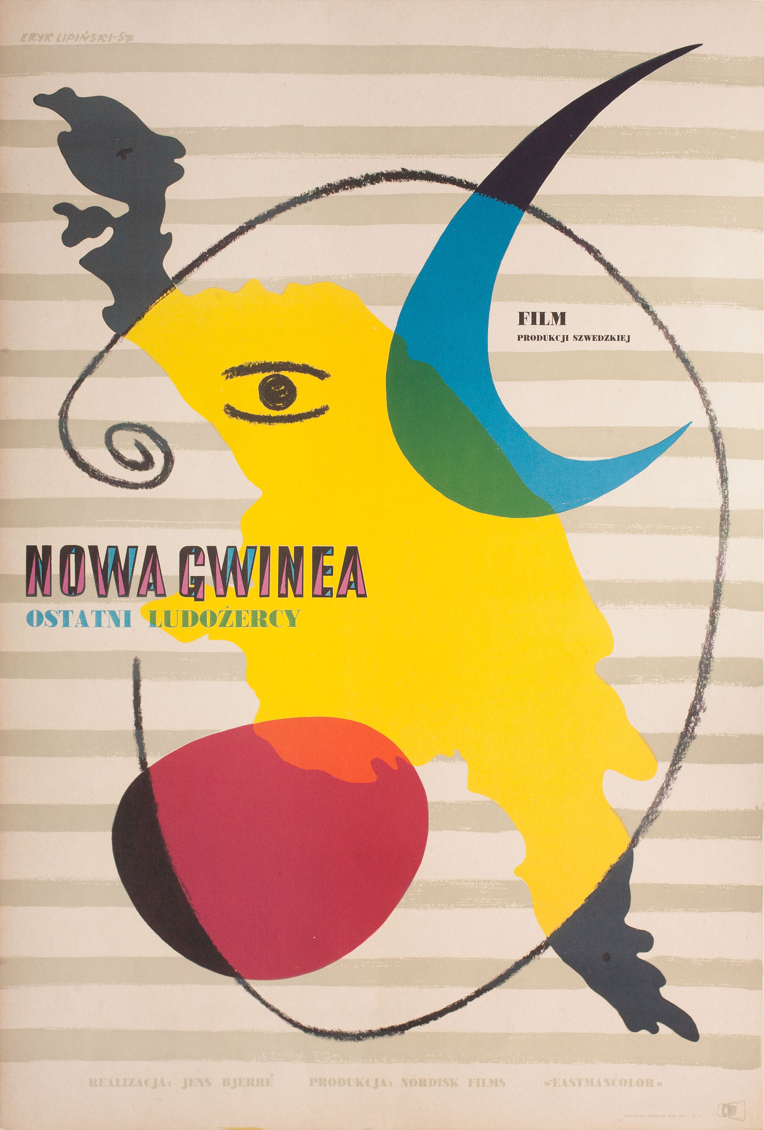 Новая Гвинея (New Guinea, 1955), режиссёр Йенс Бьерр, польский плакат к фильму, 1957 год, автор Эрик Липински