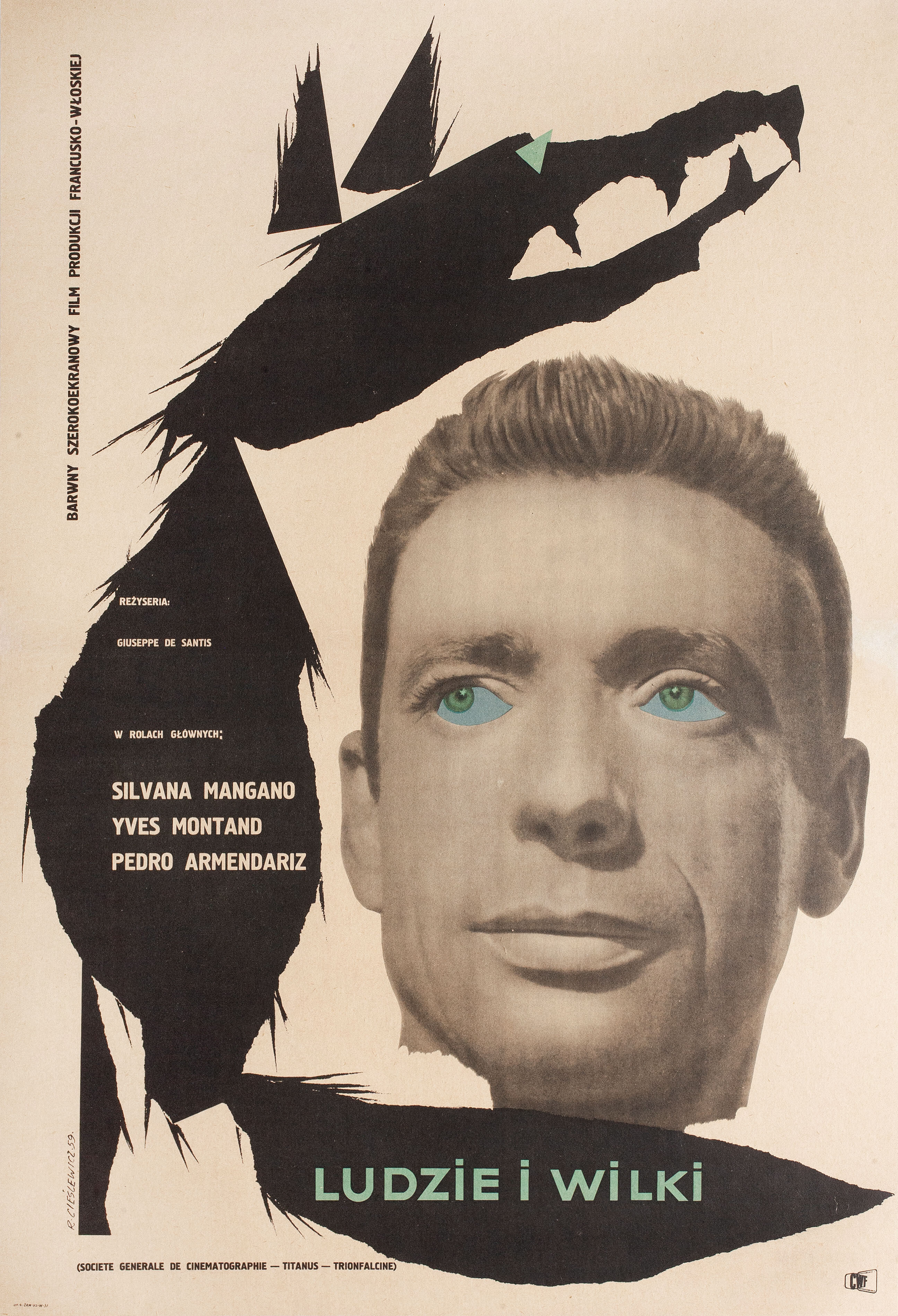 Люди и волки (Men and Wolves, 1957), режиссёр Джузеппе Де Сантис, польский плакат к фильму, 1959 год, автор Роман Чеслевич