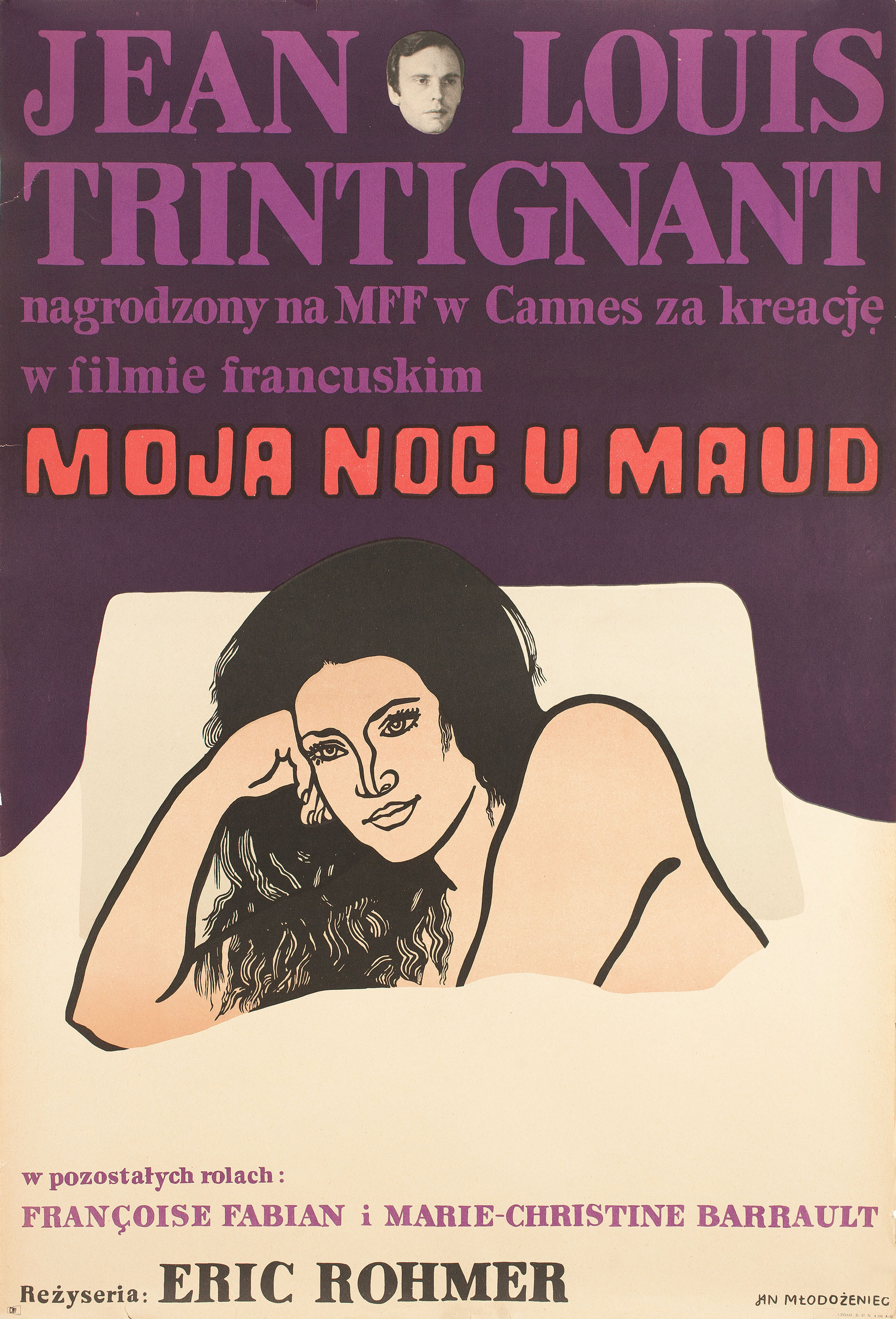 Ночь у Мод (My Night at Mauds, 1969), режиссёр Эрик Ромер, польский плакат к фильму, 1969 год, автор Ян Млодозенец