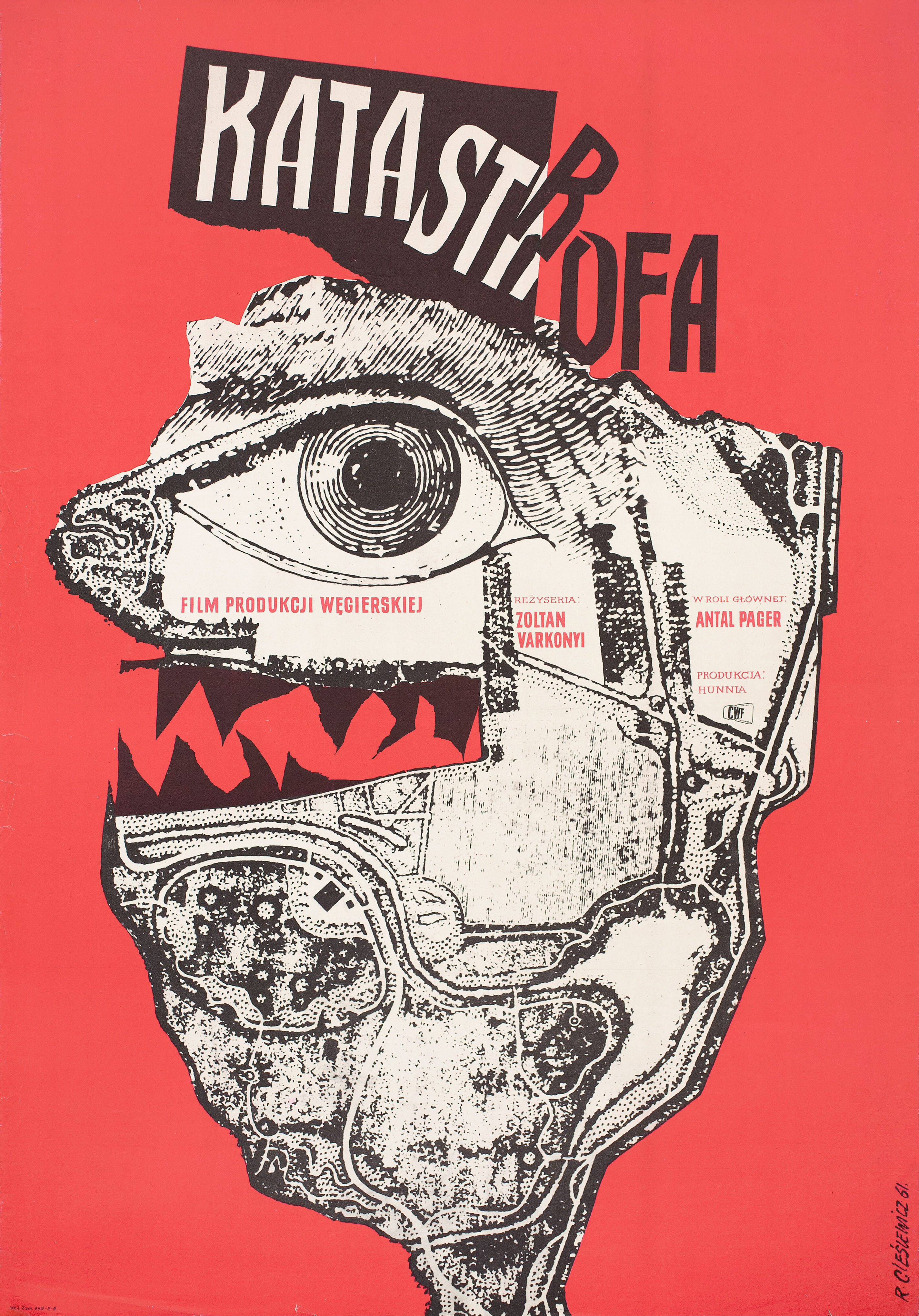 Катастрофа (Merenylet, 1960), режиссёр Золтан Варкони, польский плакат к фильму, 1961 год, автор Роман Чеслевич