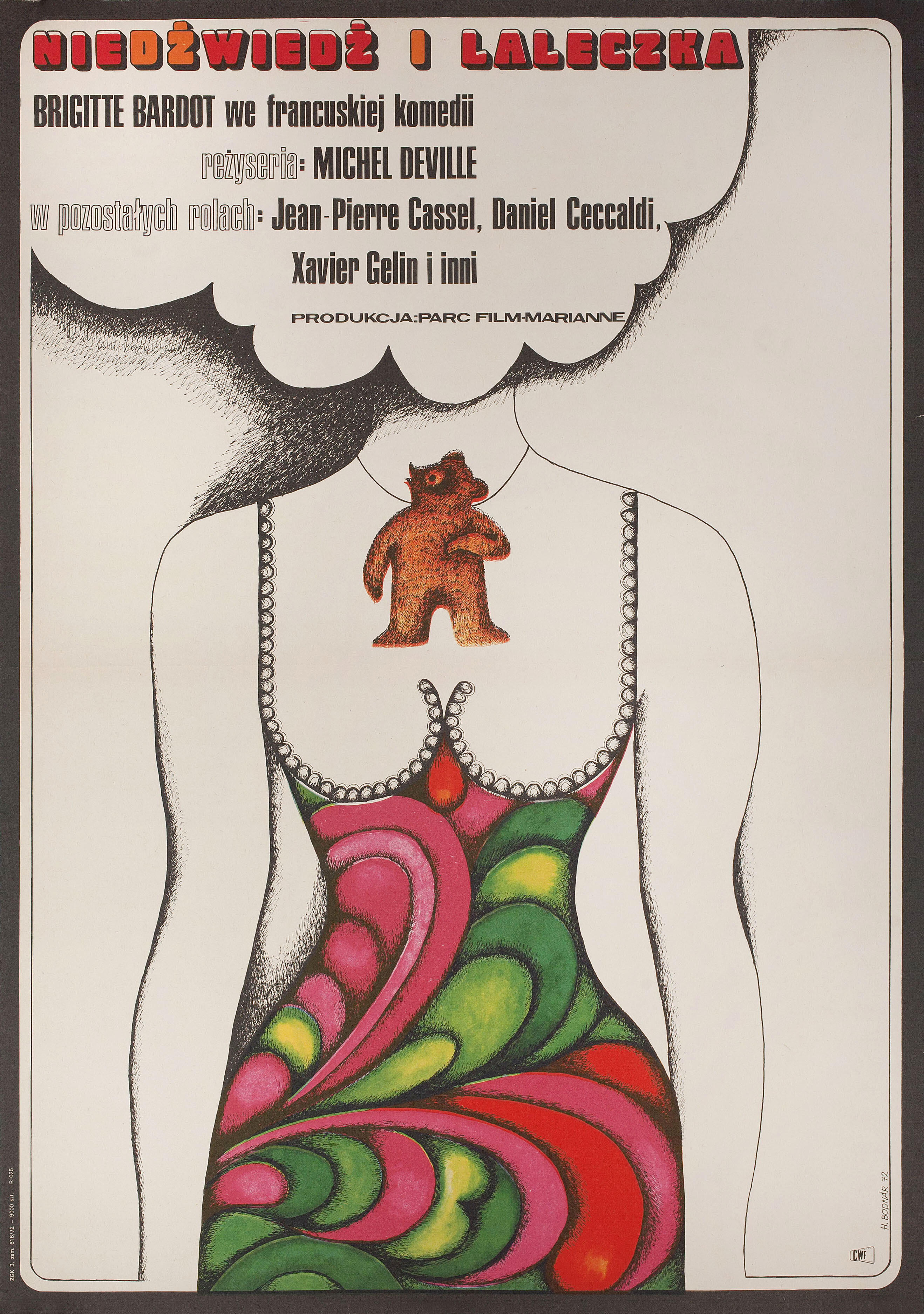 Медведь и кукла (The Bear and the Doll, 1970), режиссёр Мишель Девиль, польский плакат к фильму, 1972 год, автор Ханна Боднар