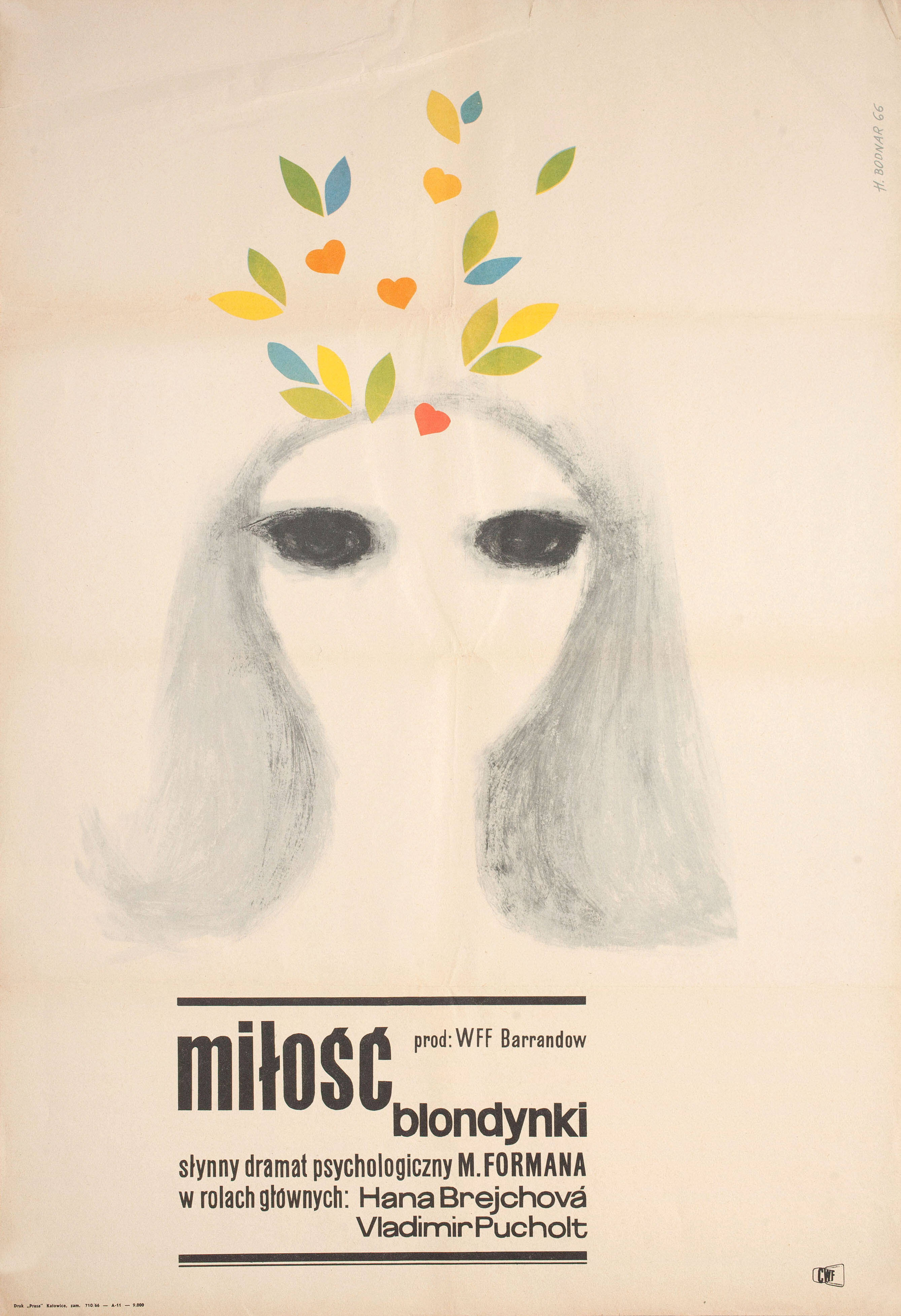 Любовные похождения блондинки (Loves of a Blonde, 1965), режиссёр Милош Форман, польский плакат к фильму, 1966 год, автор Ханна Боднар