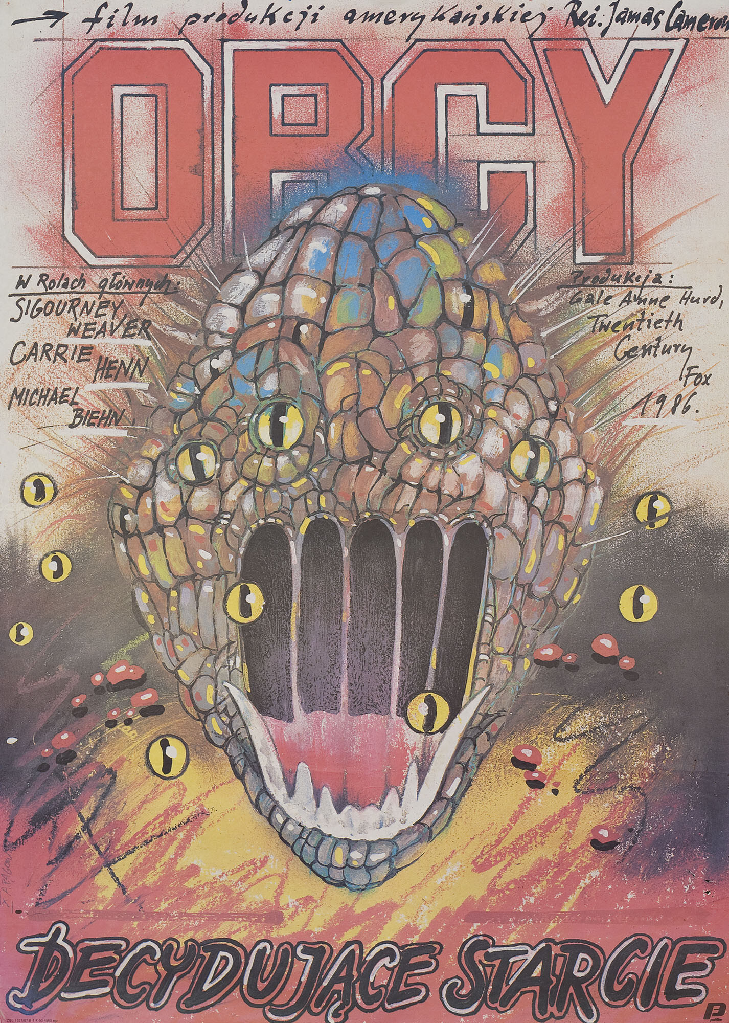 Чужие (Aliens, 1986), режиссёр Джеймс Кэмерон, польский плакат к фильму, 1987 год, автор Анджей Паговский