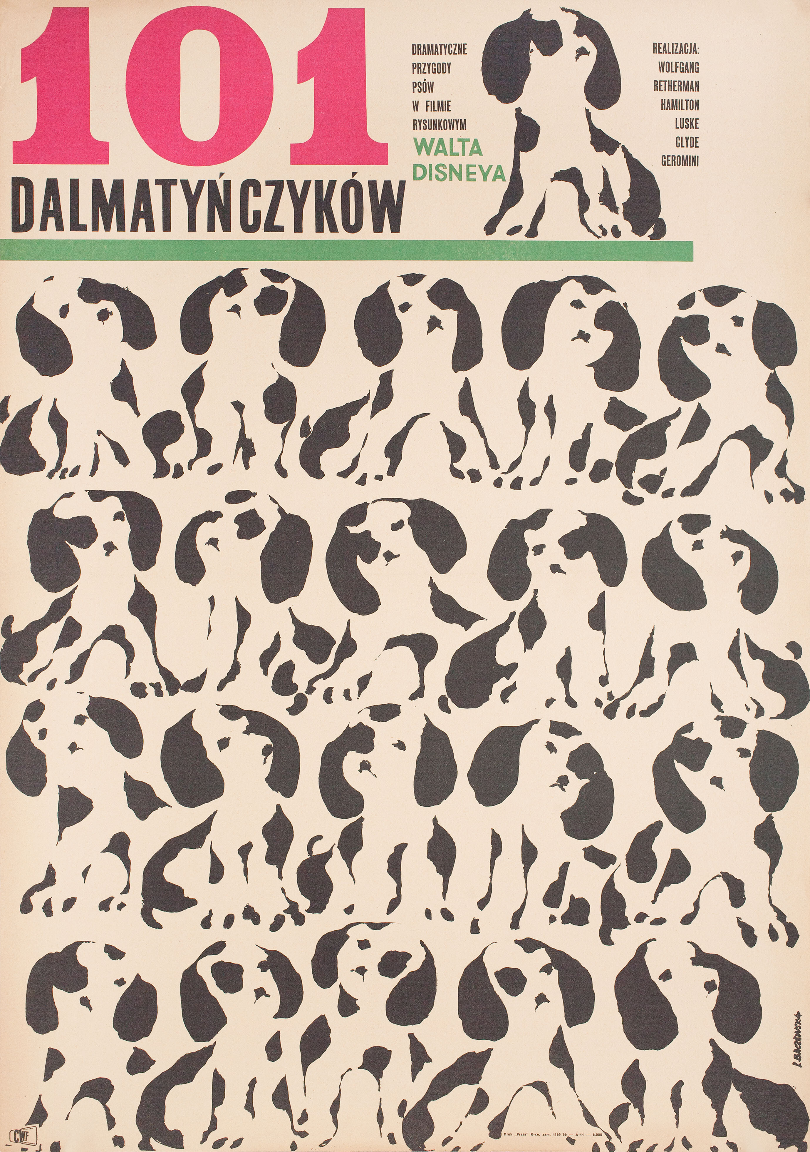 101 далматинец (101 Dalmatians, 1961), режиссёр Клайд Джероними, польский плакат к фильму, 1961 год, автор Лилиана Бачевска