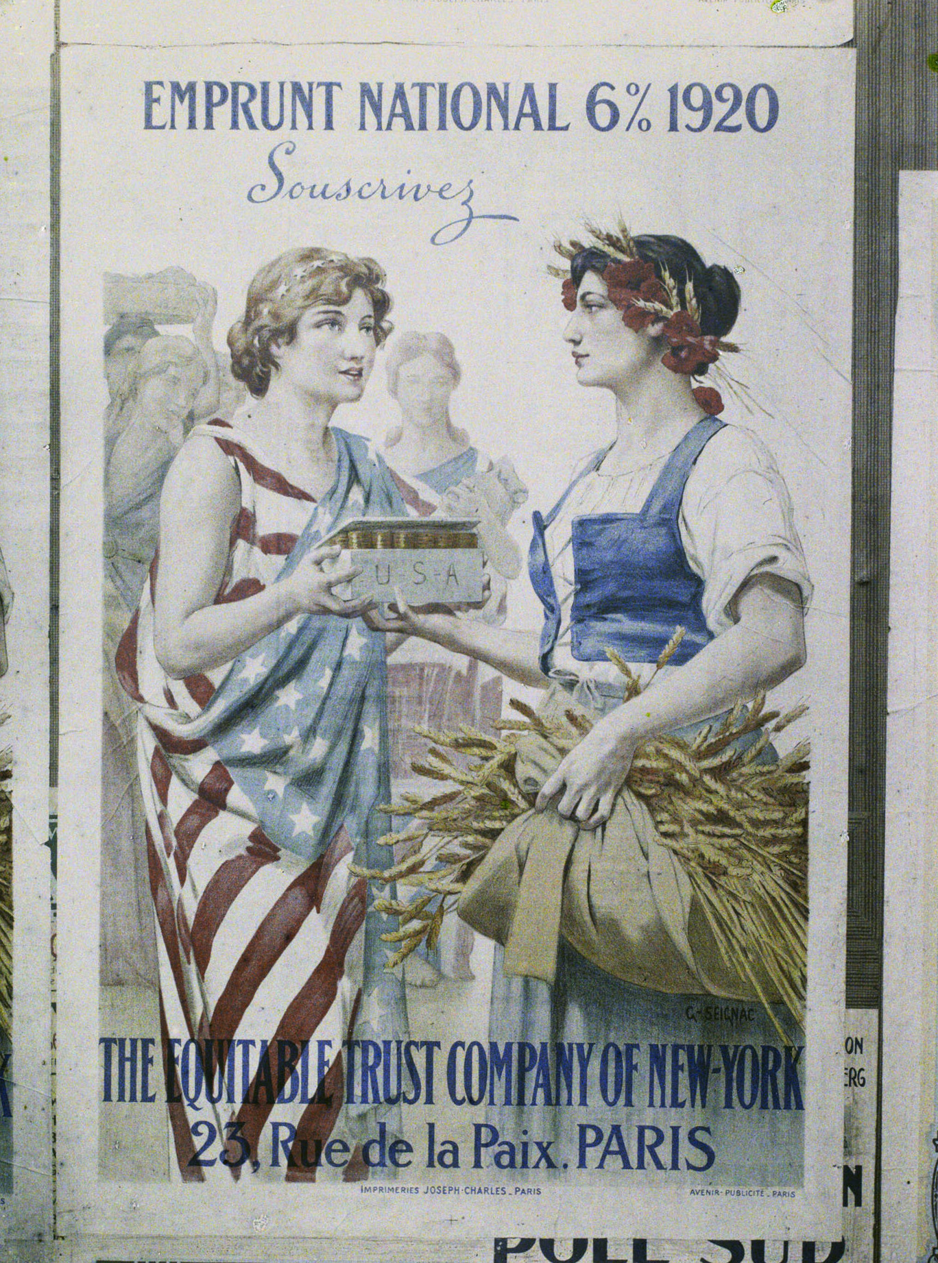 Париж, Франция. Плакат национального займа 1920 года, The Equitable Trust Company of New York, 1920 год, автор Фредерик Гадмер (автохром)