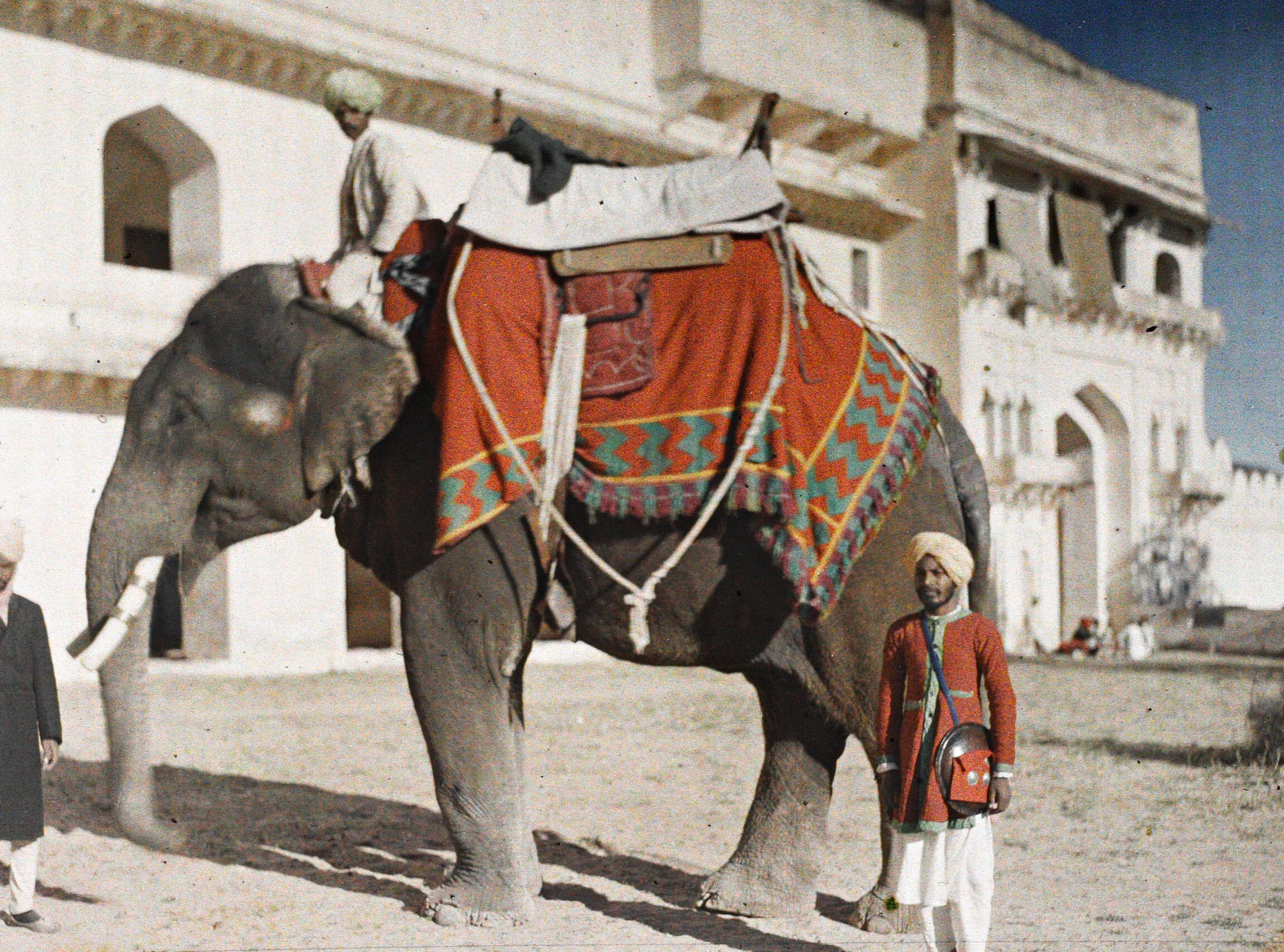 Форт Янтарь, Джайпур, Индия. Слон на дворцовой эспланаде, 1913 год, автор Стефан Пассе (автохром)