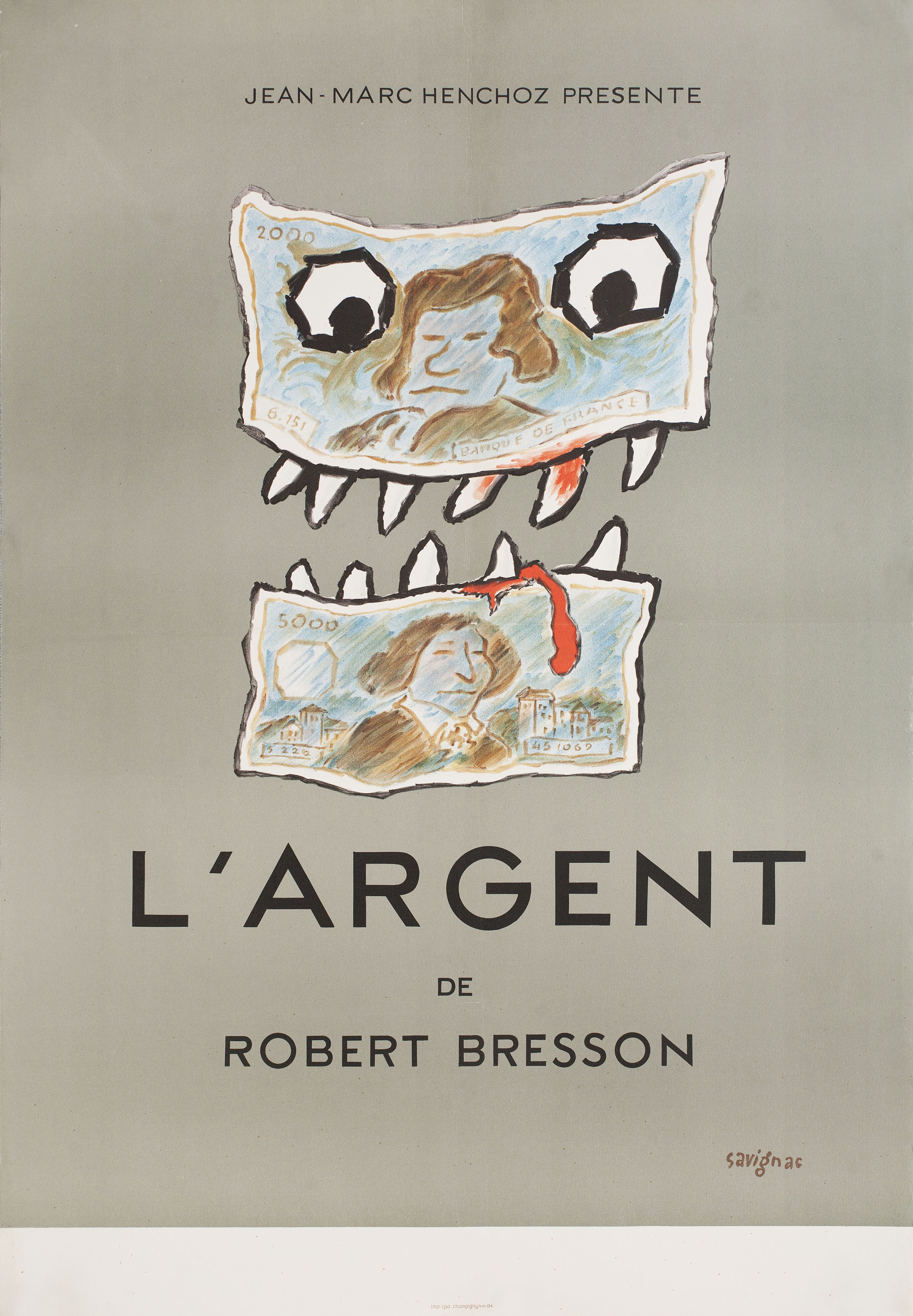 Деньги ( L' Argent, 1983), режиссёр Робер Брессон, французский постер к фильму, автор Раймон Савиньяк, 1984 год (1)