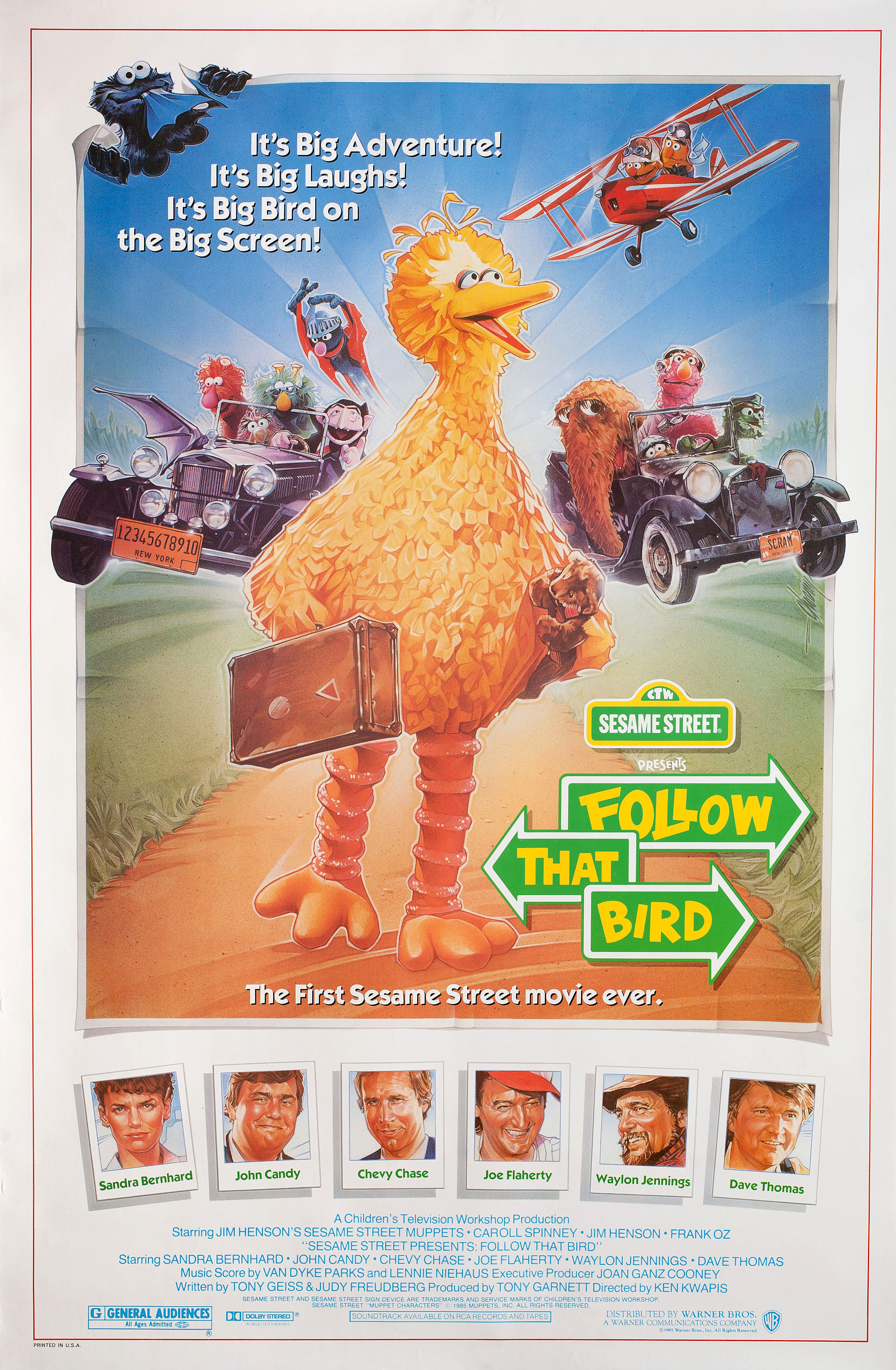 Улица Сезам представляет: Иди за той птицей (Sesame Street Presents Follow that Bird, 1985), режиссёр Кен Куопис, американский постер к фильму, автор Стивен Чорни, 1985 год