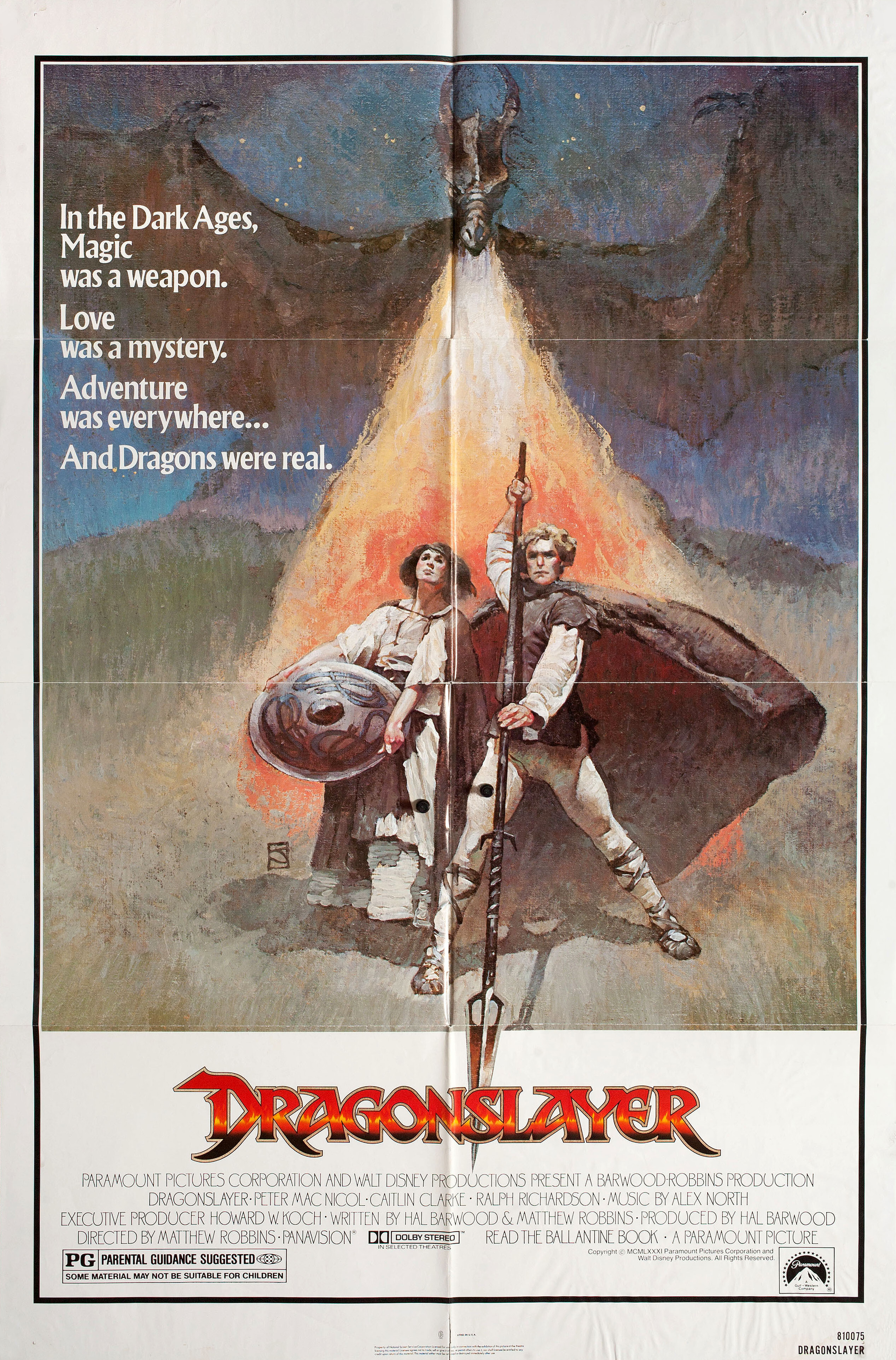 Победитель дракона (Dragonslayer, 1981), режиссёр Мэттью Роббинс, американский постер к фильму, автор Джефф Джонс, 1981 год
