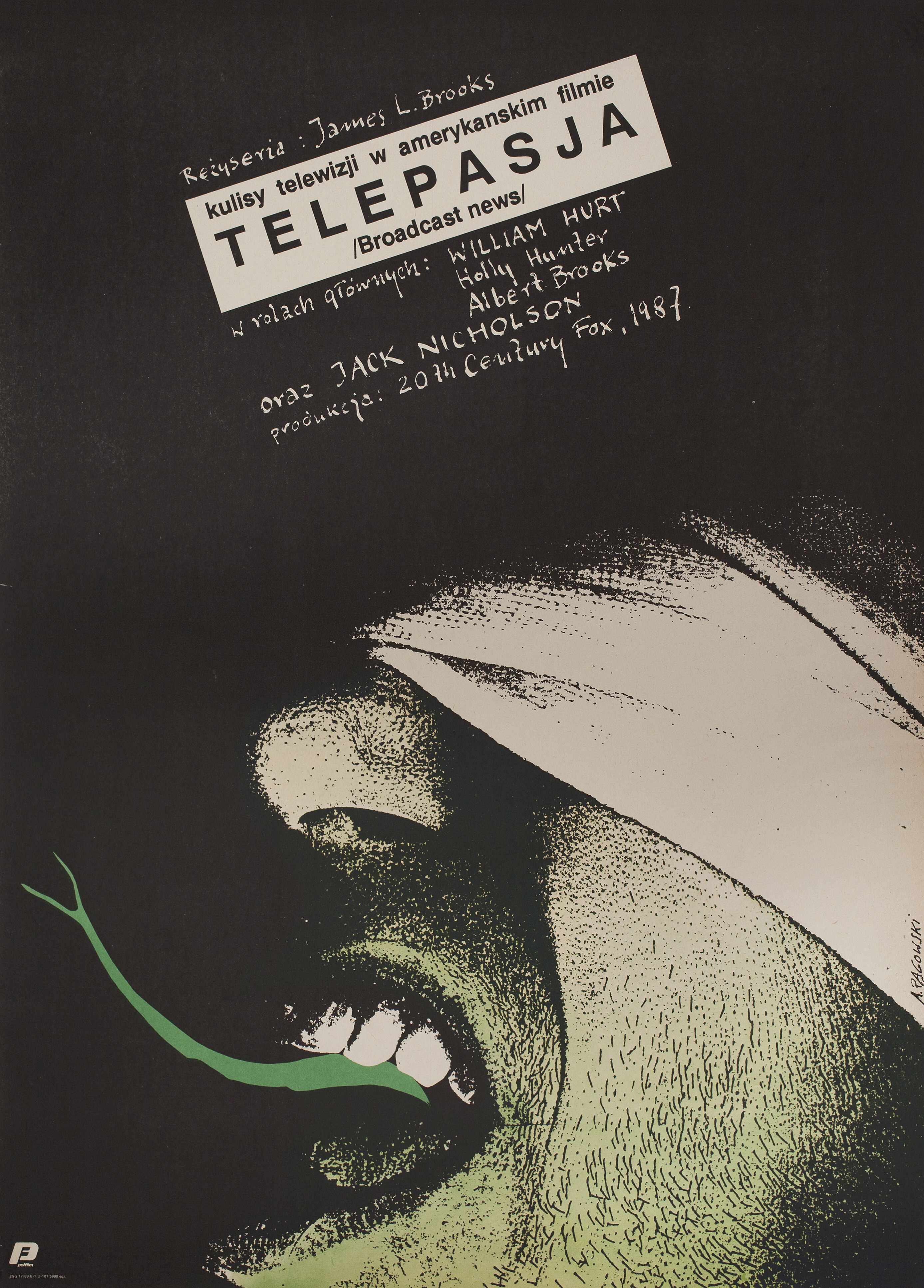 Теленовости (Broadcast News, 1987), режиссёр Джеймс Л. Брукс, польский постер к фильму, автор Анджей Паговский, 1989 год