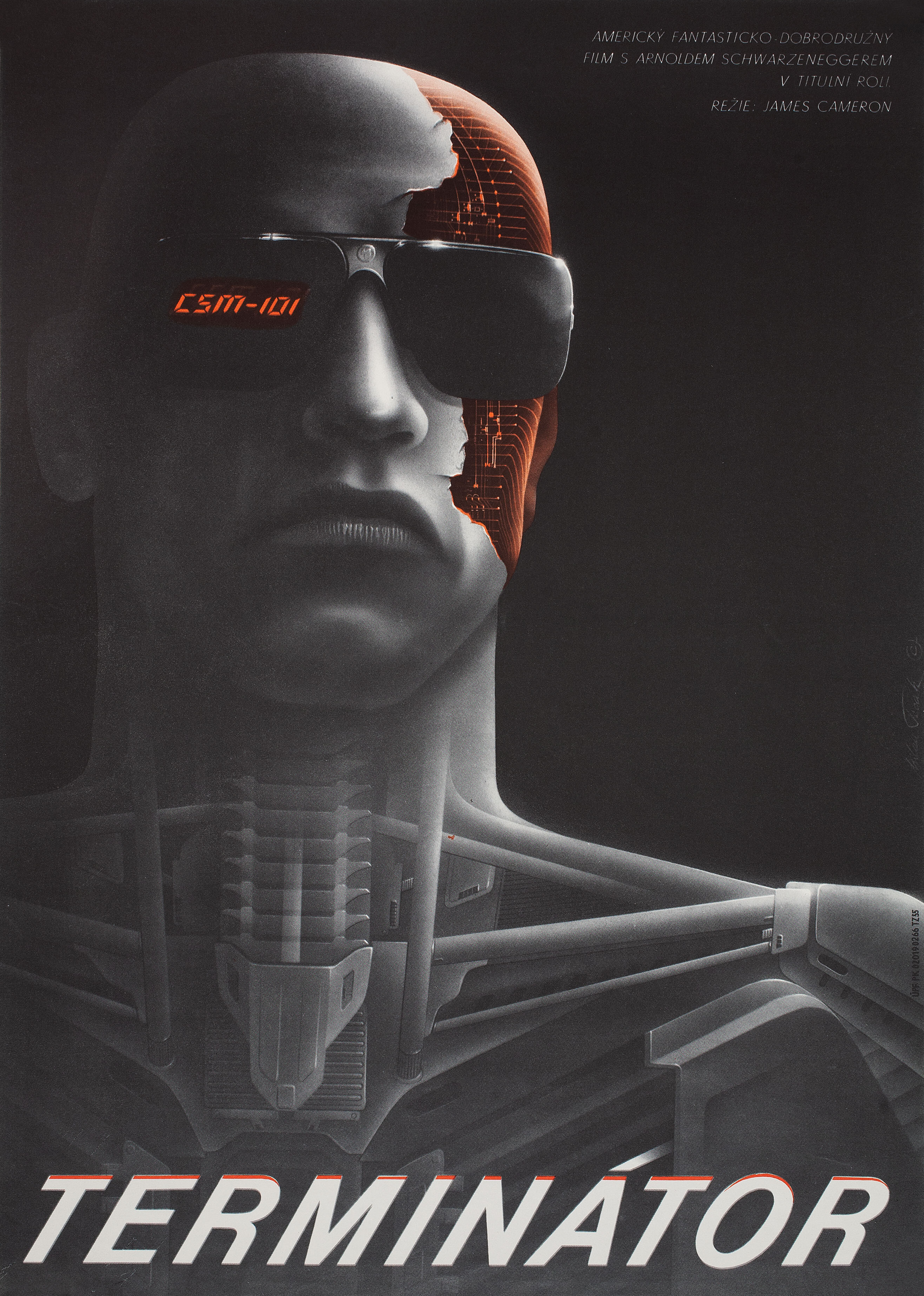 Терминатор (The Terminator, 1984), режиссёр Джеймс Кэмерон, чехословацкий постер к фильму, автор Милан Печак, 1984 год