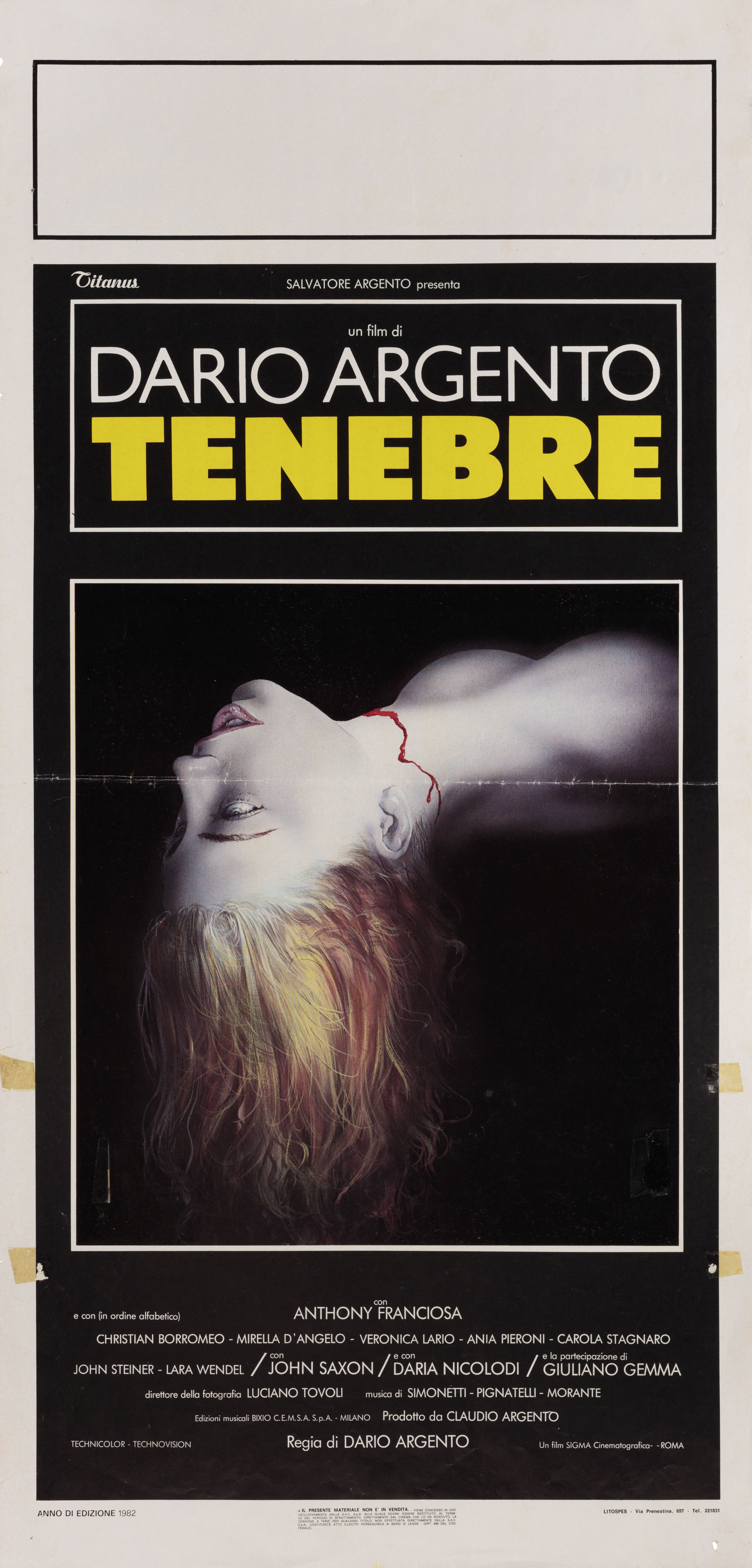 Дрожь (Tenebrae, 1982), режиссёр Дарио Ардженто, итальянский постер к фильму, 1982 год