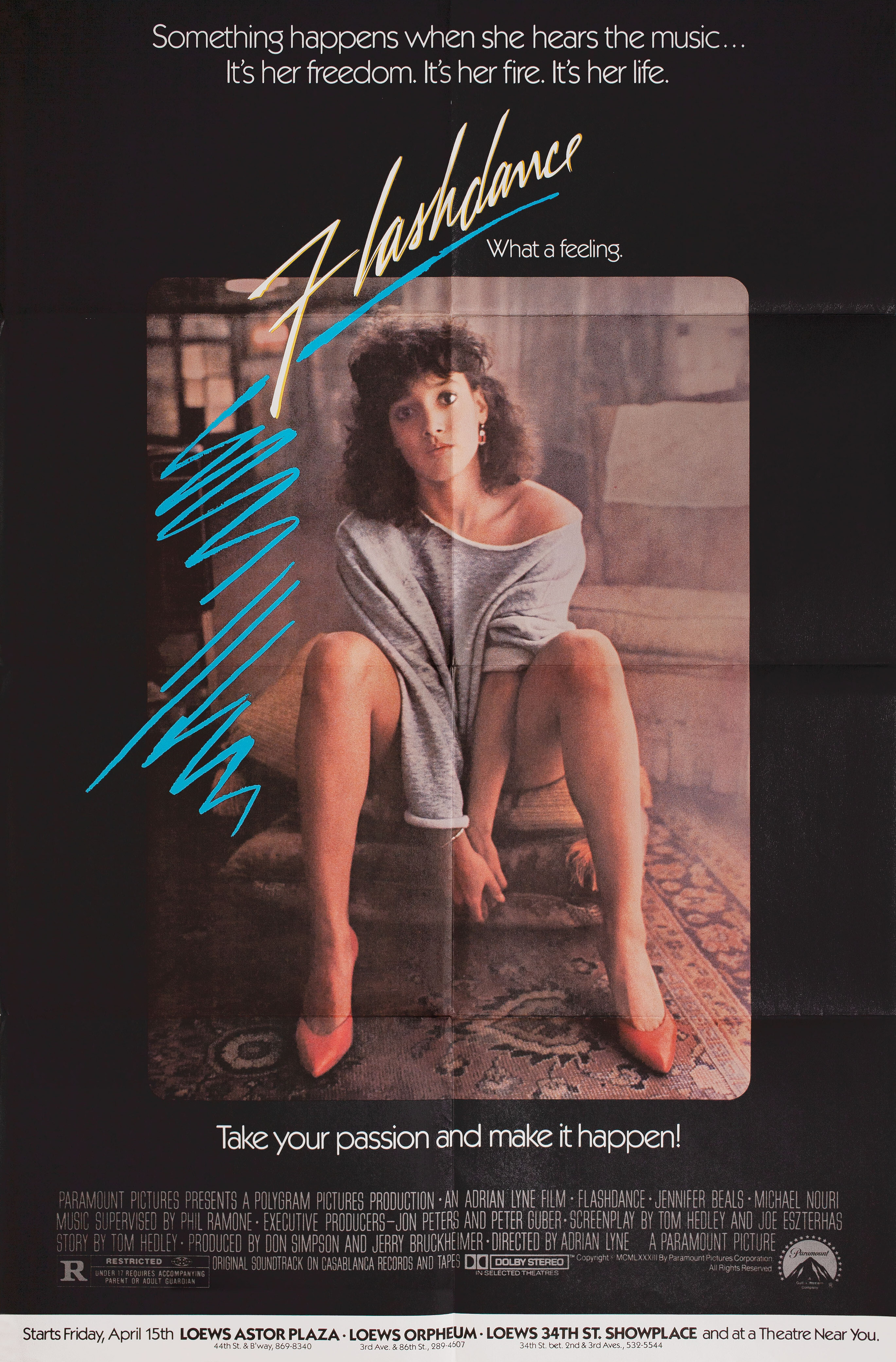 Танец-вспышка (Flashdance, 1983), режиссёр Эдриан Лайн, американский постер к фильму, 1983 год