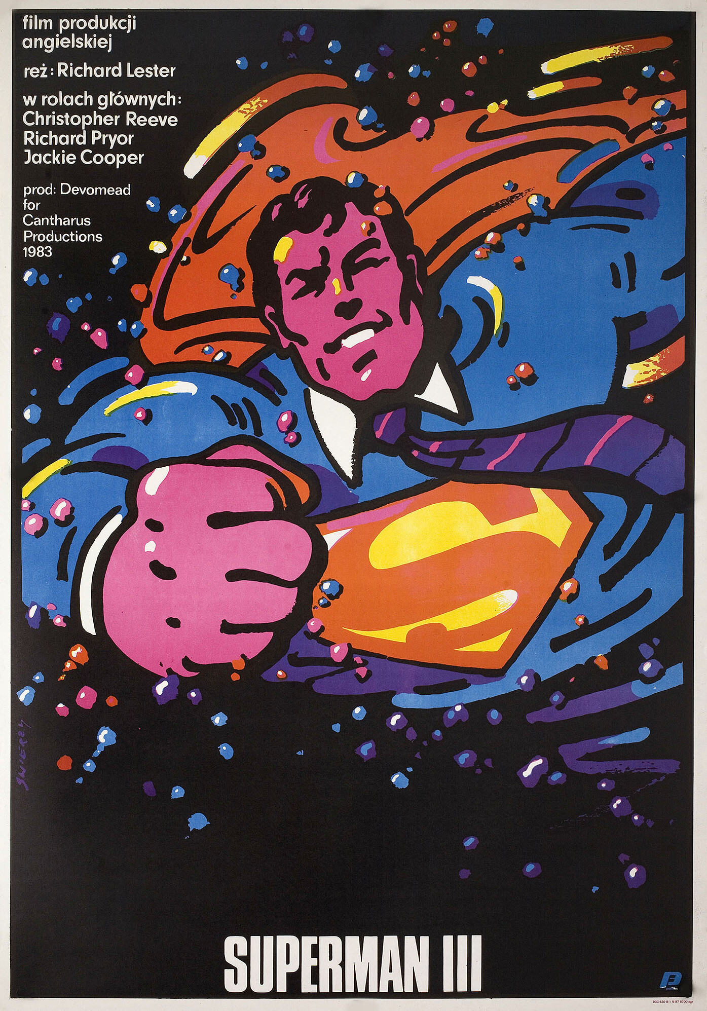 Супермен 3 (Superman III, 1983), режиссёр Ричард Лестер, польский постер к фильму, автор Вальдемар Свежи, 1983 год