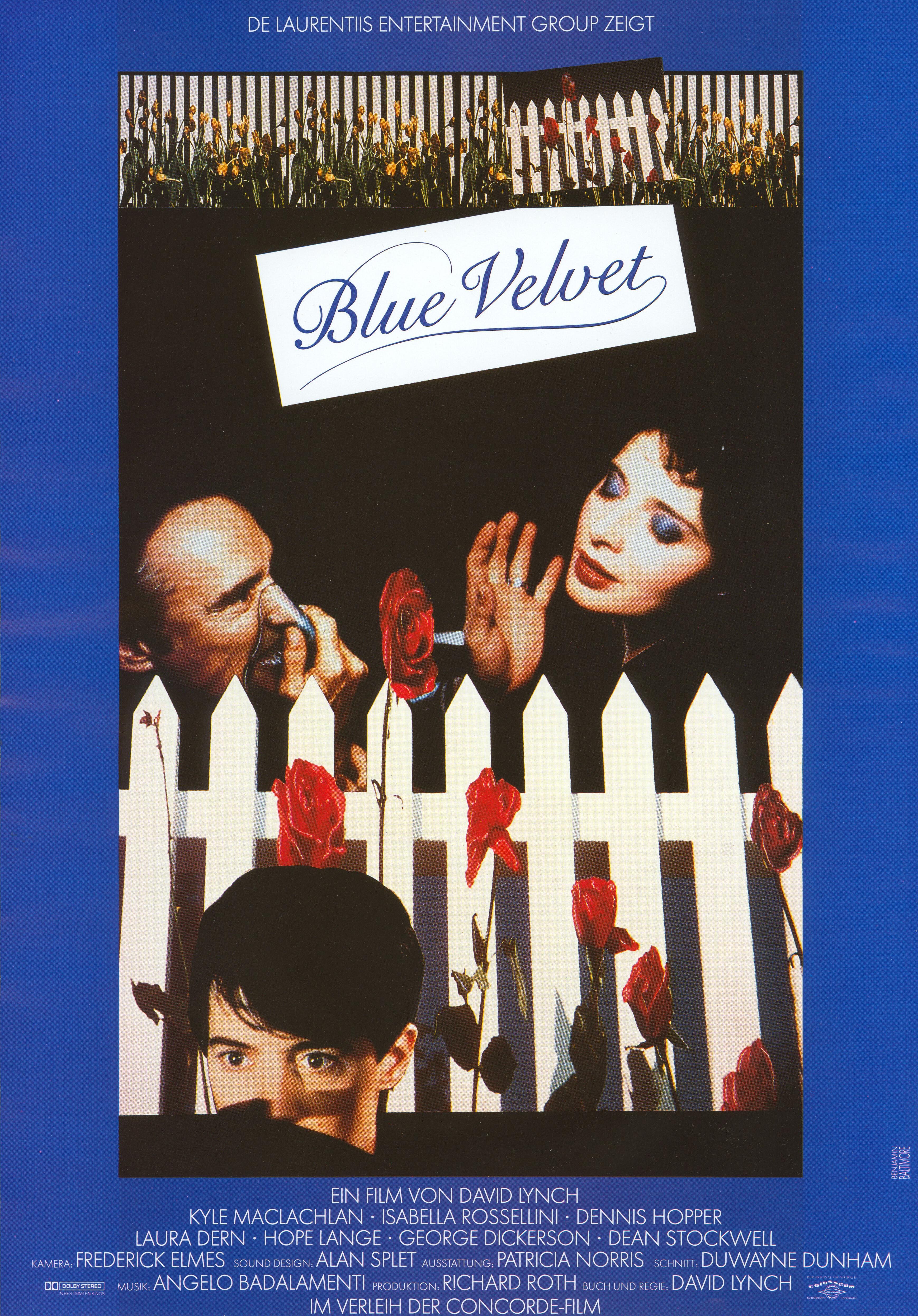 Синий бархат (Blue Velvet, 1986), режиссёр Дэвид Линч, немецкий (ФРГ) постер к фильму, автор Бенджамин Балтимор, 1986 год (1)