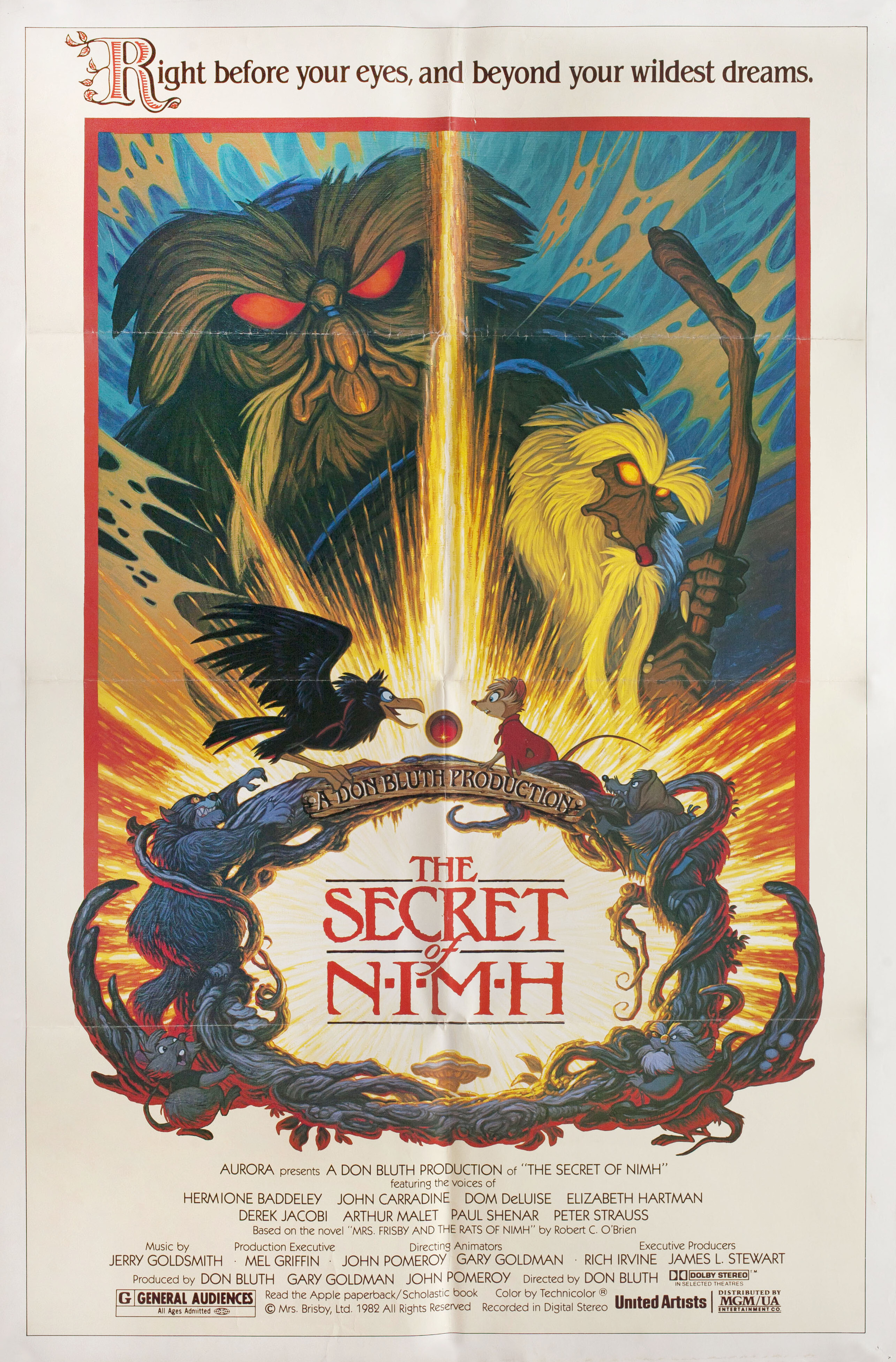 Секрет Н.И.М.Х. (The Secret of NIMH, 1982), режиссёр Дон Блут, американский постер к мультфильму, автор Тим Хильдебрандт, 1982 год